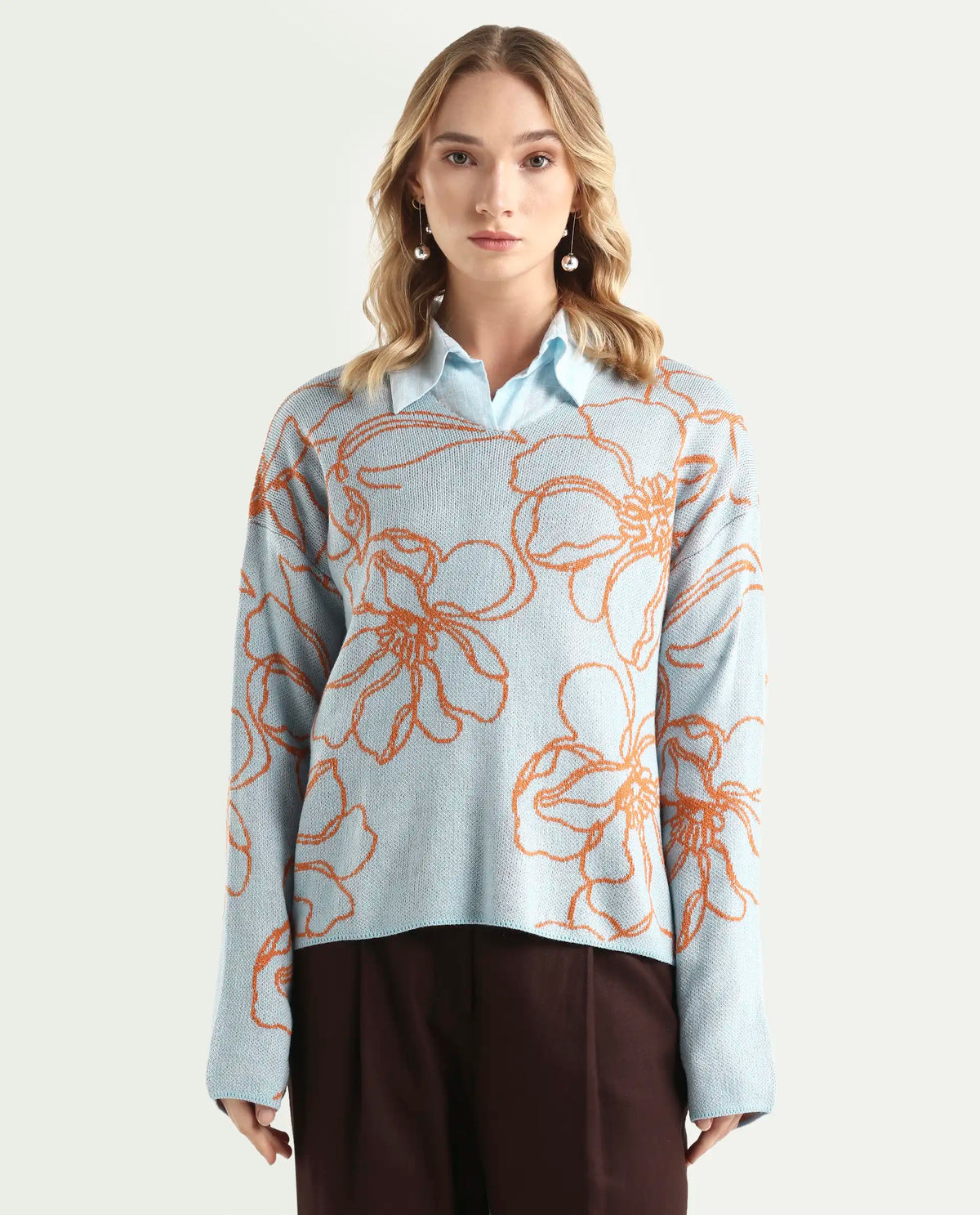 Rareism Women's Stellan Blue Acrylic Boat Neck Floral Print Relaxed Fit Sweater