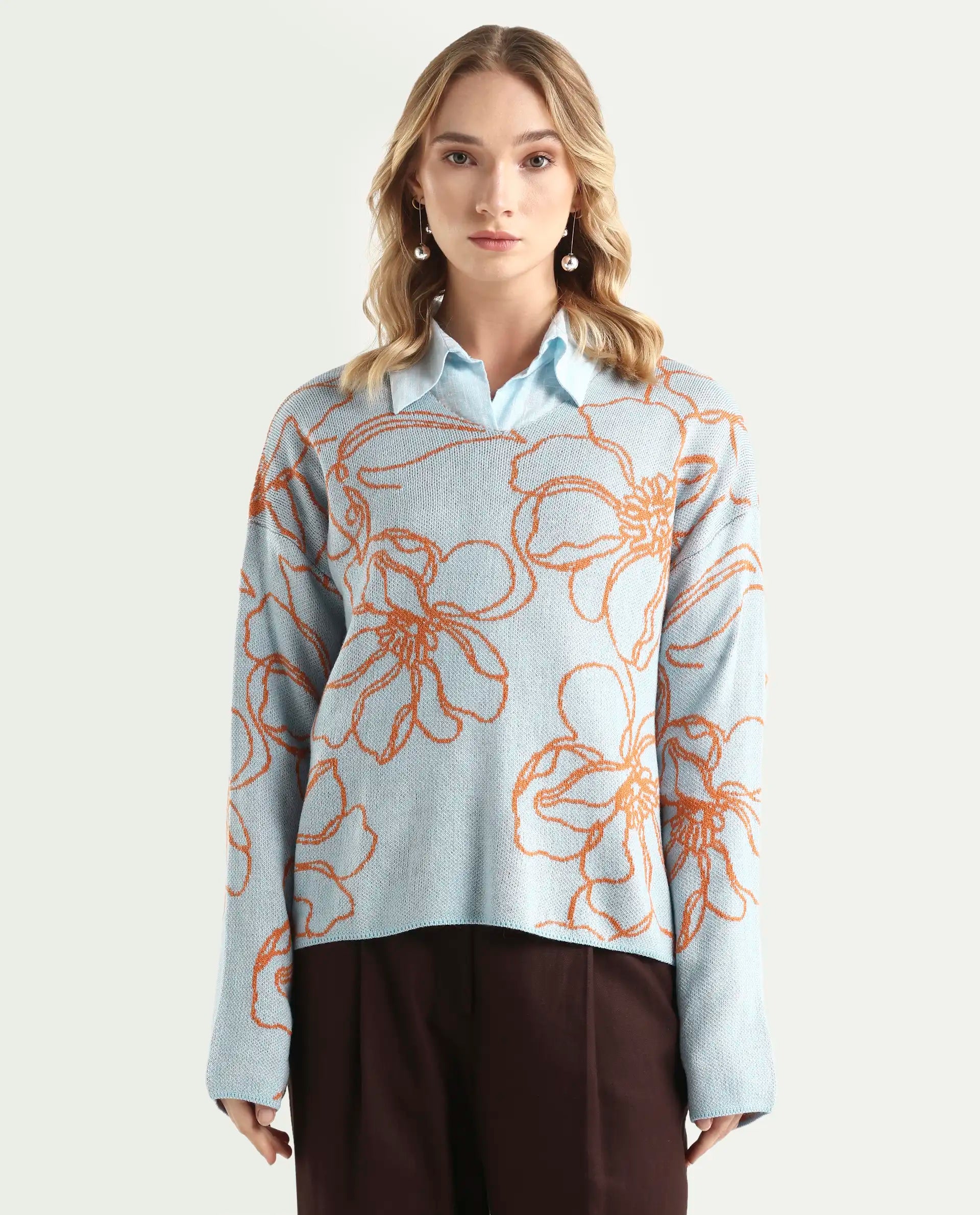 Rareism Women's Stellan Blue Acrylic Boat Neck Floral Print Relaxed Fit Sweater