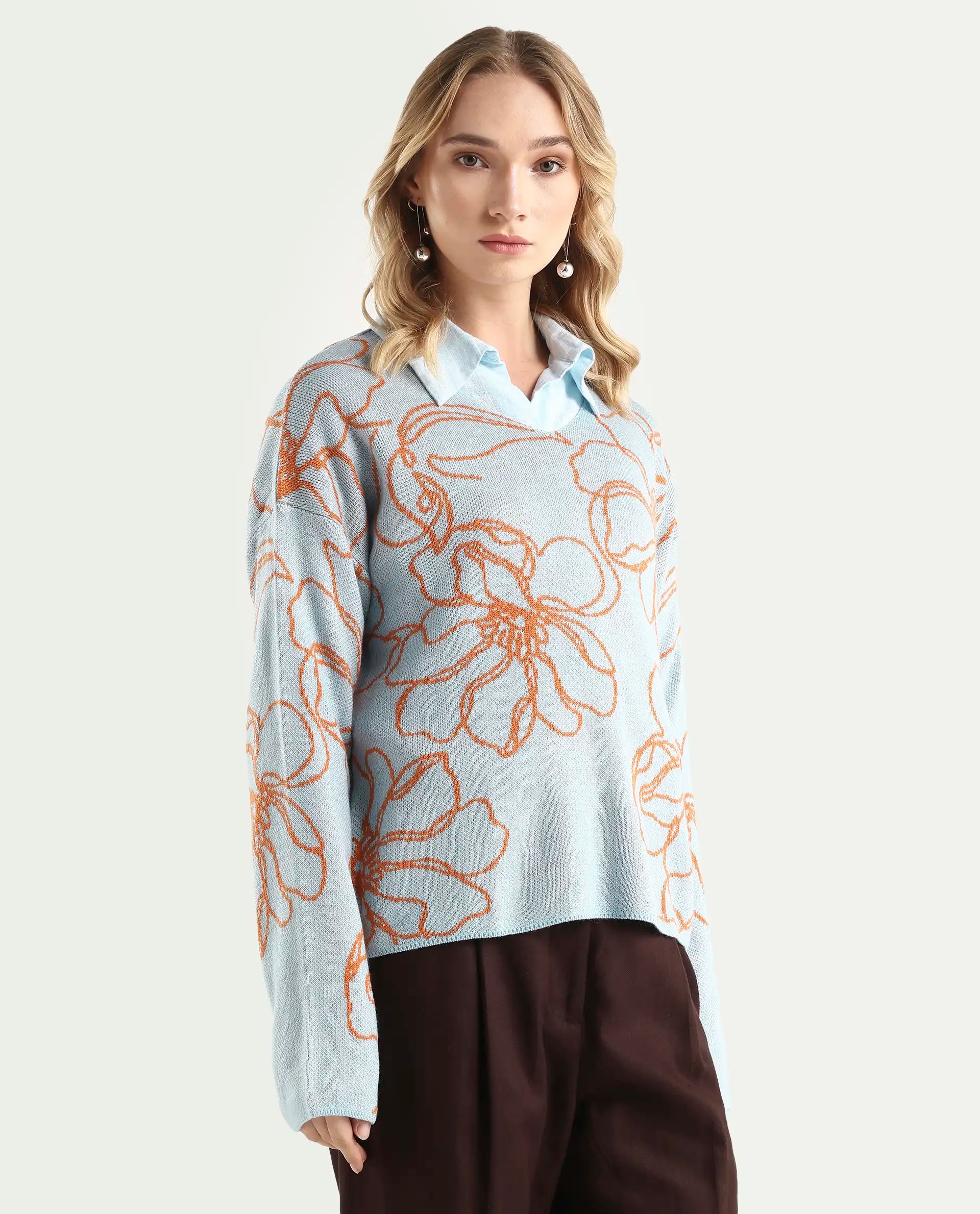 Rareism Women's Stellan Blue Acrylic Boat Neck Floral Print Relaxed Fit Sweater
