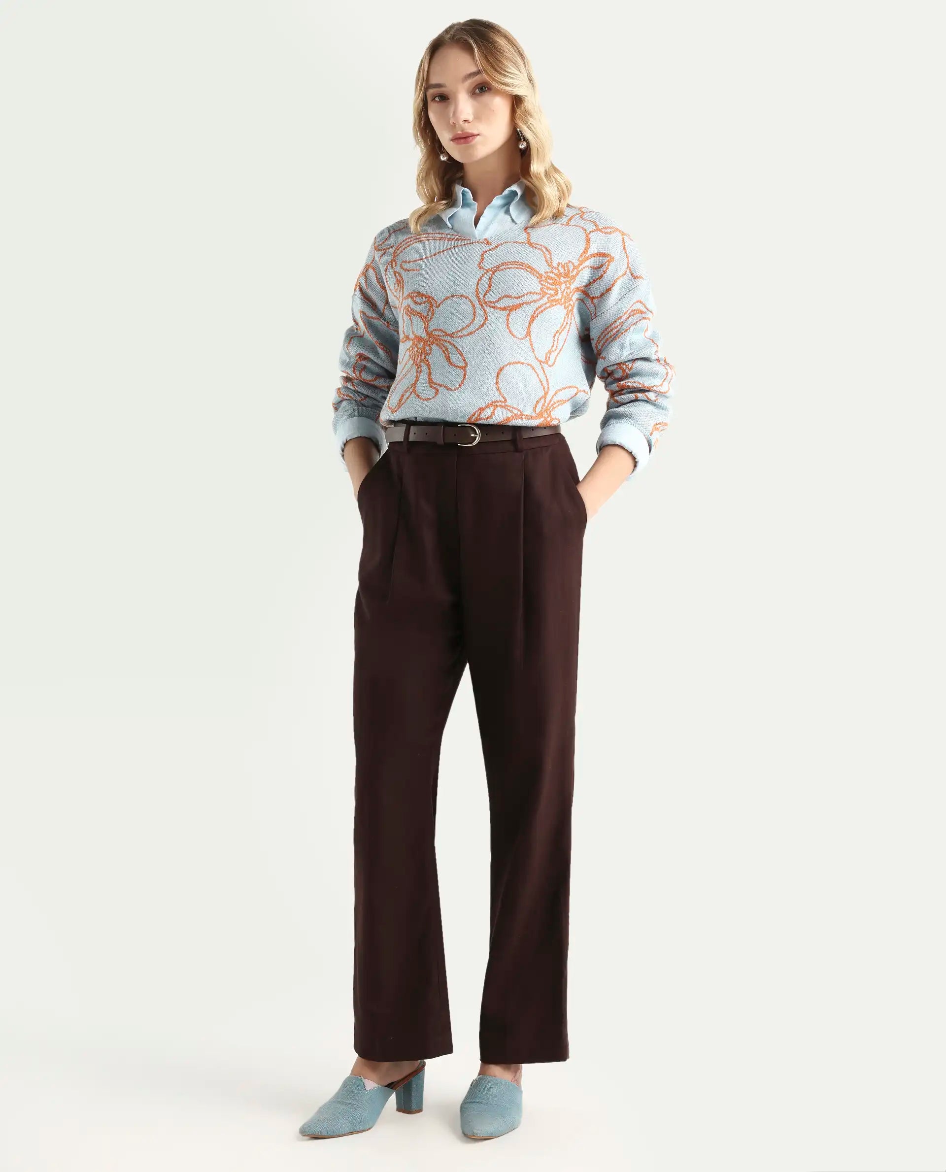 Rareism Women's Stellan Blue Acrylic Boat Neck Floral Print Relaxed Fit Sweater