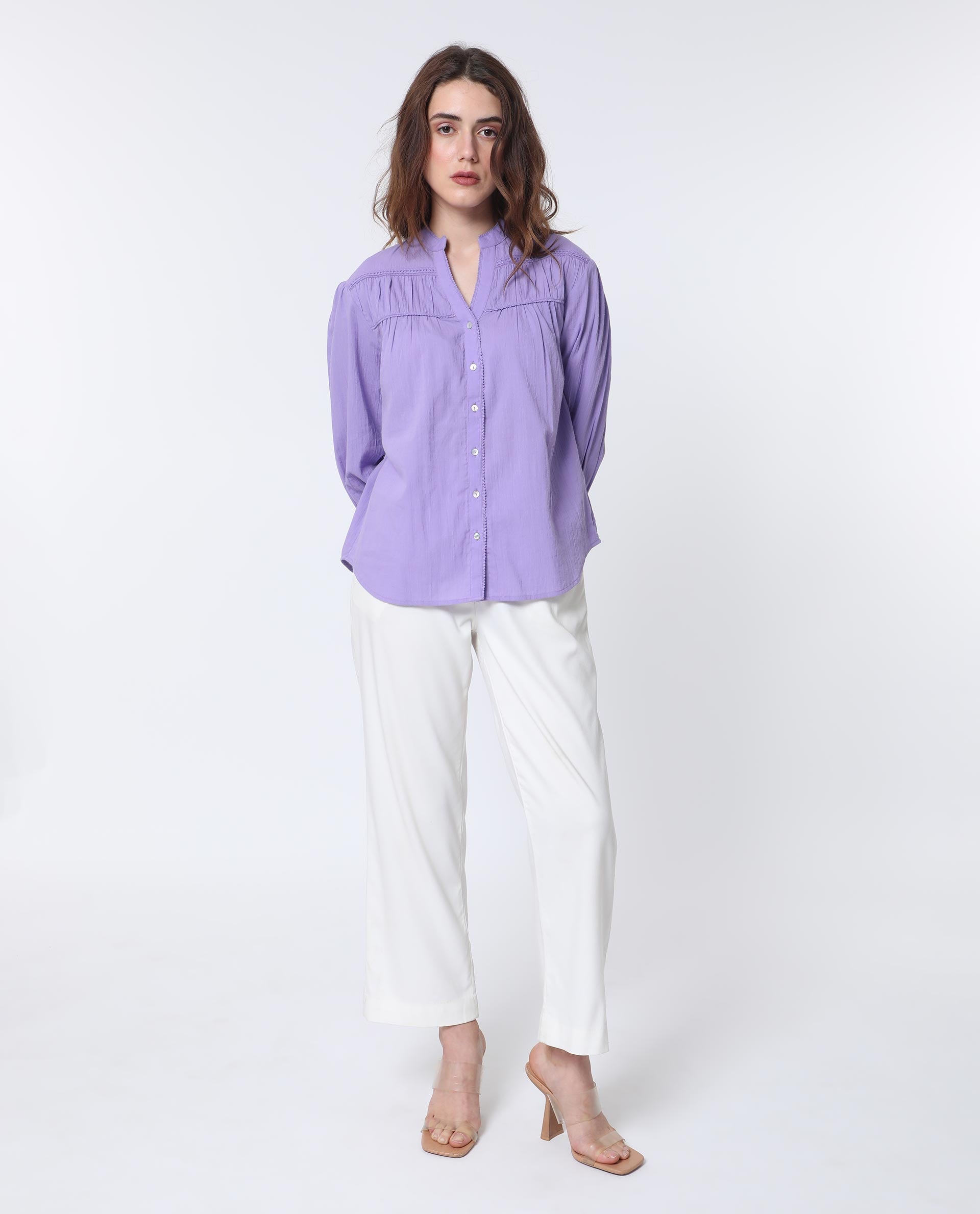 Rareism Women Stern Light Purple Cotton Fabric Relaxed Fit Mandarin Collar Full Sleeves Solid Top