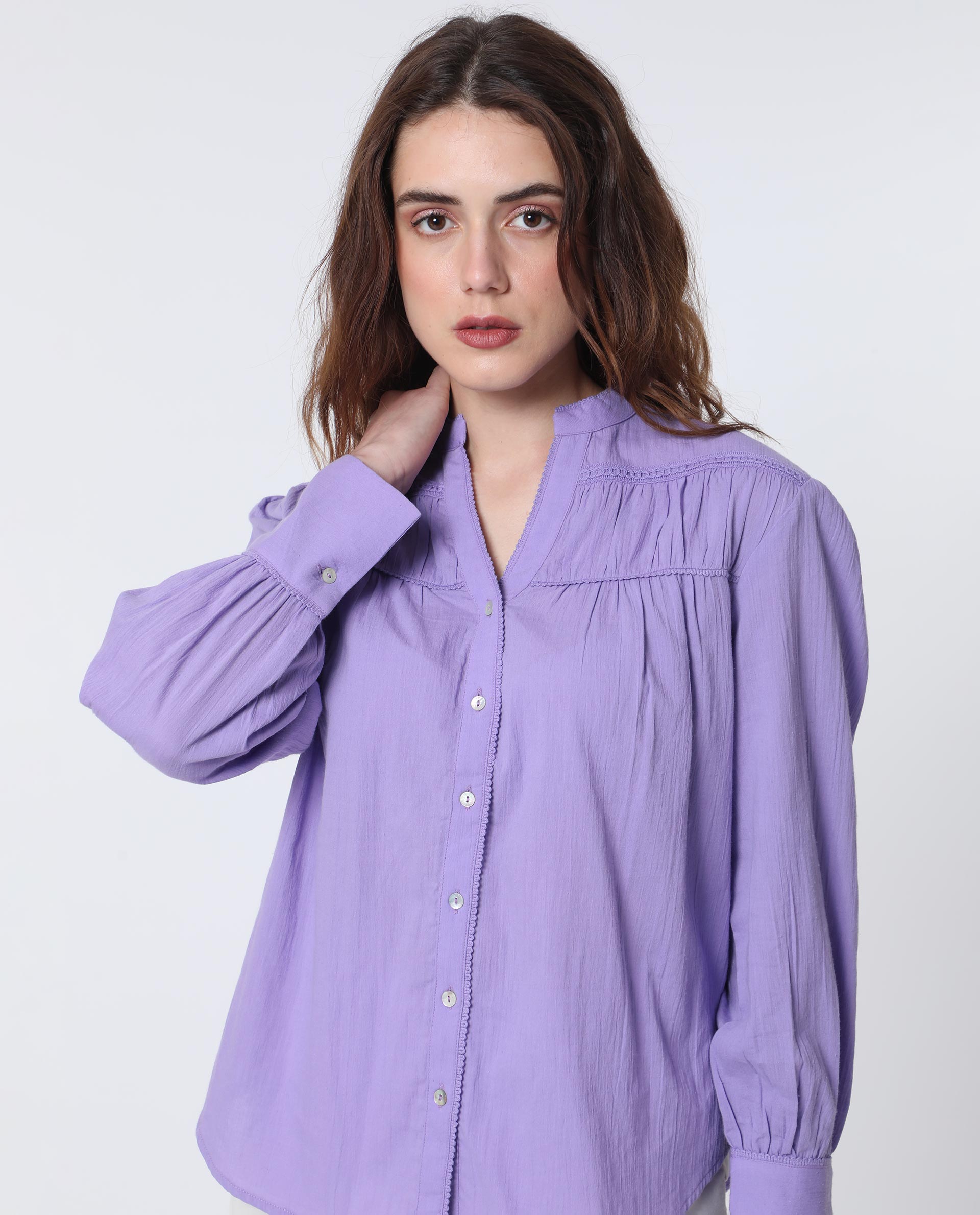 Rareism Women Stern Light Purple Cotton Fabric Relaxed Fit Mandarin Collar Full Sleeves Solid Top