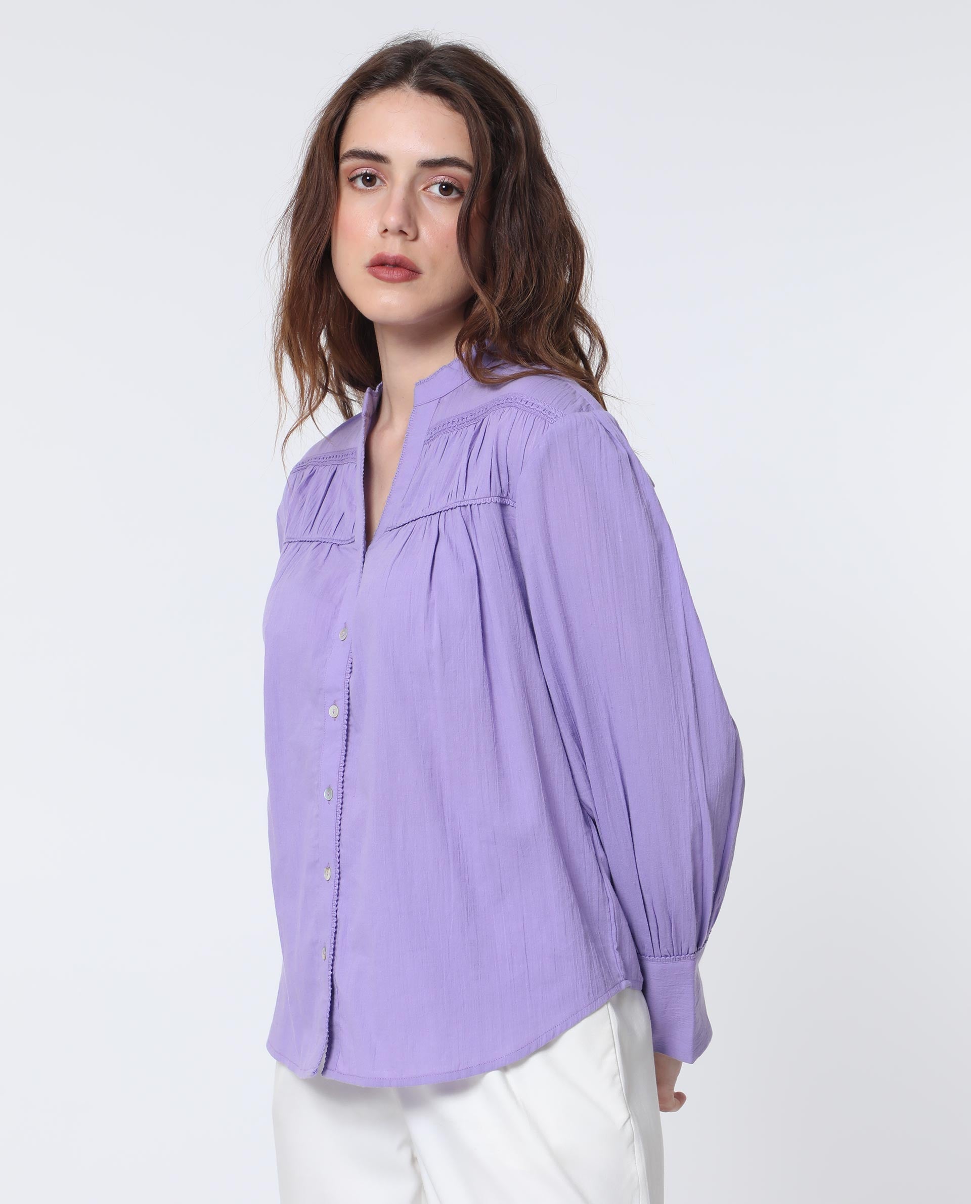 Rareism Women Stern Light Purple Cotton Fabric Relaxed Fit Mandarin Collar Full Sleeves Solid Top