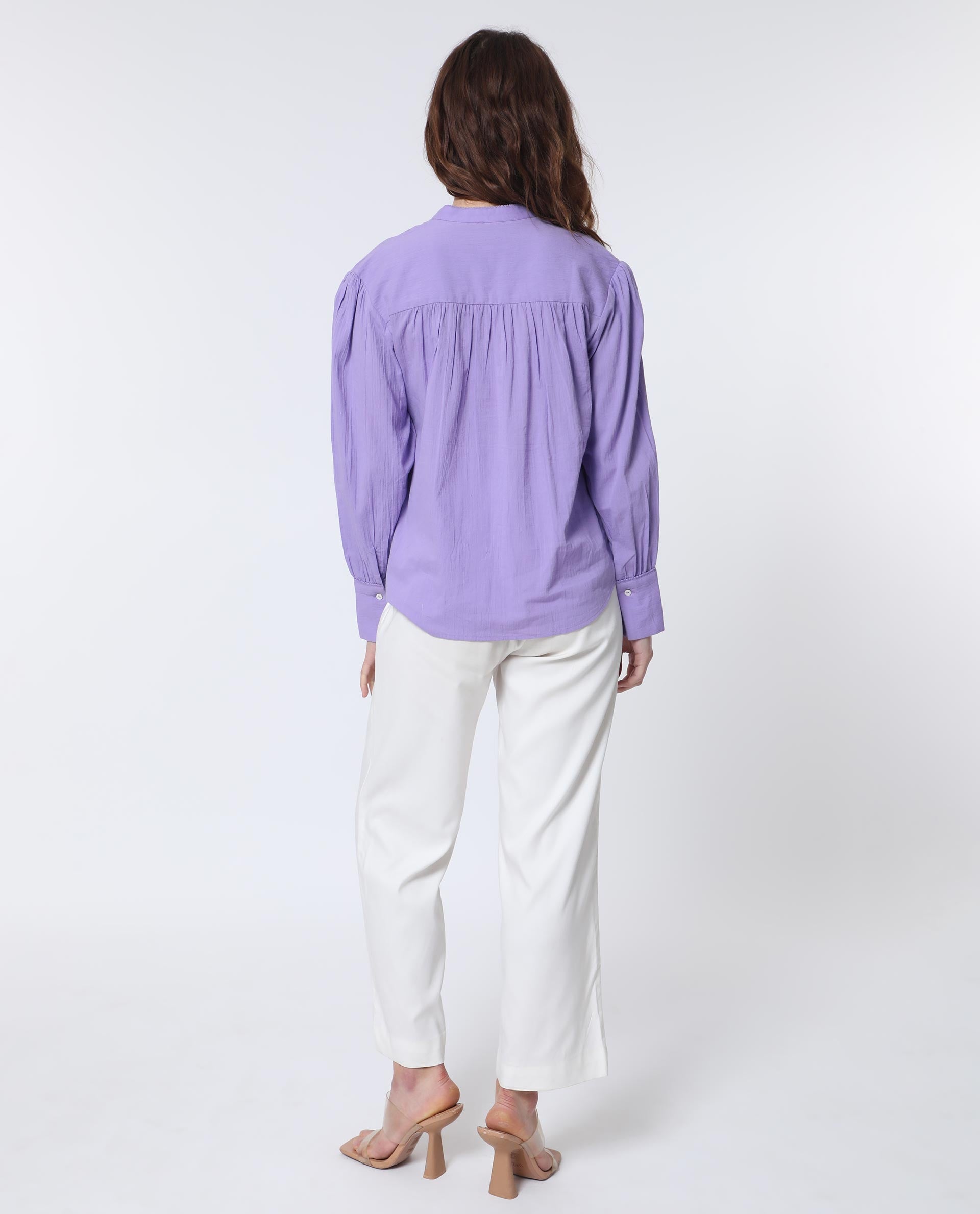 Rareism Women Stern Light Purple Cotton Fabric Relaxed Fit Mandarin Collar Full Sleeves Solid Top