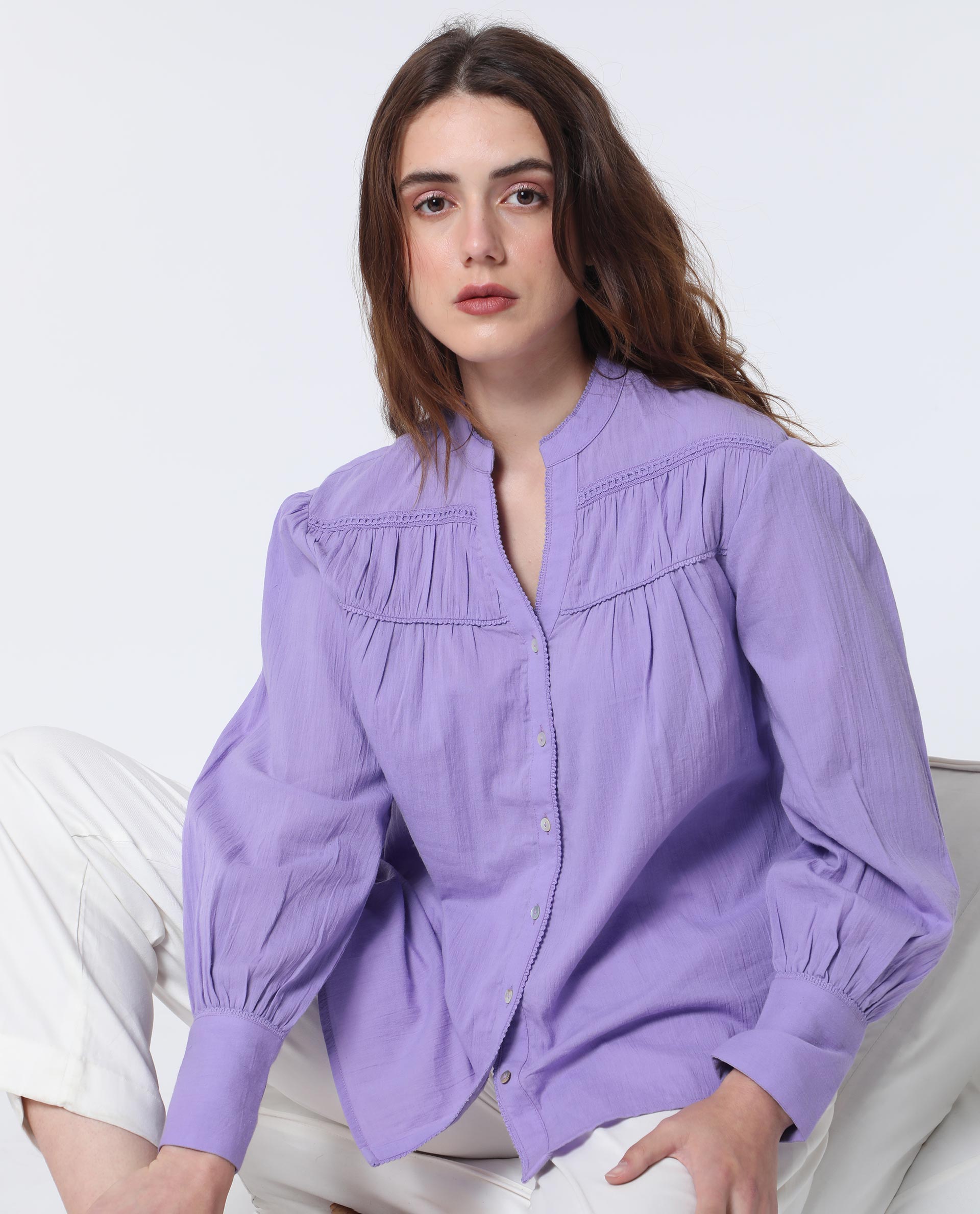 Rareism Women Stern Light Purple Cotton Fabric Relaxed Fit Mandarin Collar Full Sleeves Solid Top