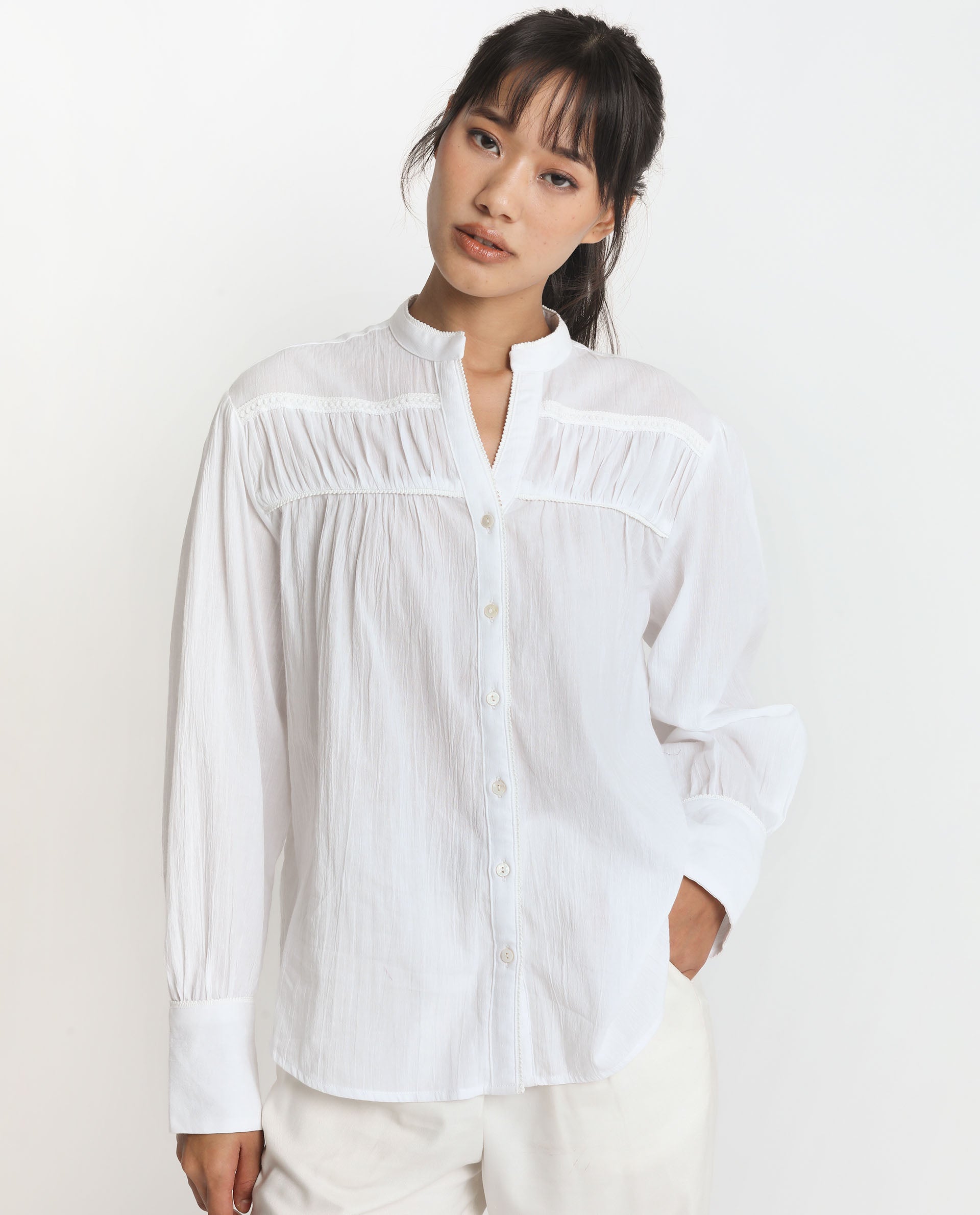 Rareism Women's Stern White Cotton Mandarin Collar Plain Bishop Sleeve Relaxed Fit Top