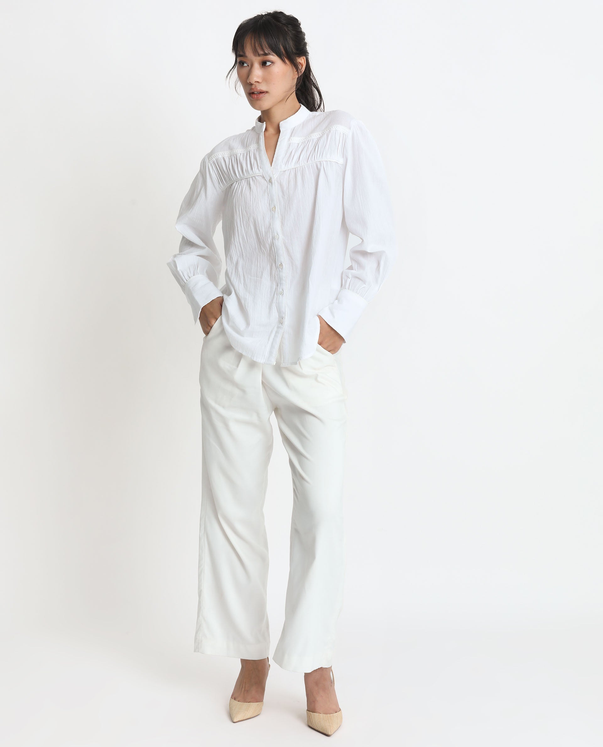 Rareism Women's Stern White Cotton Mandarin Collar Plain Bishop Sleeve Relaxed Fit Top