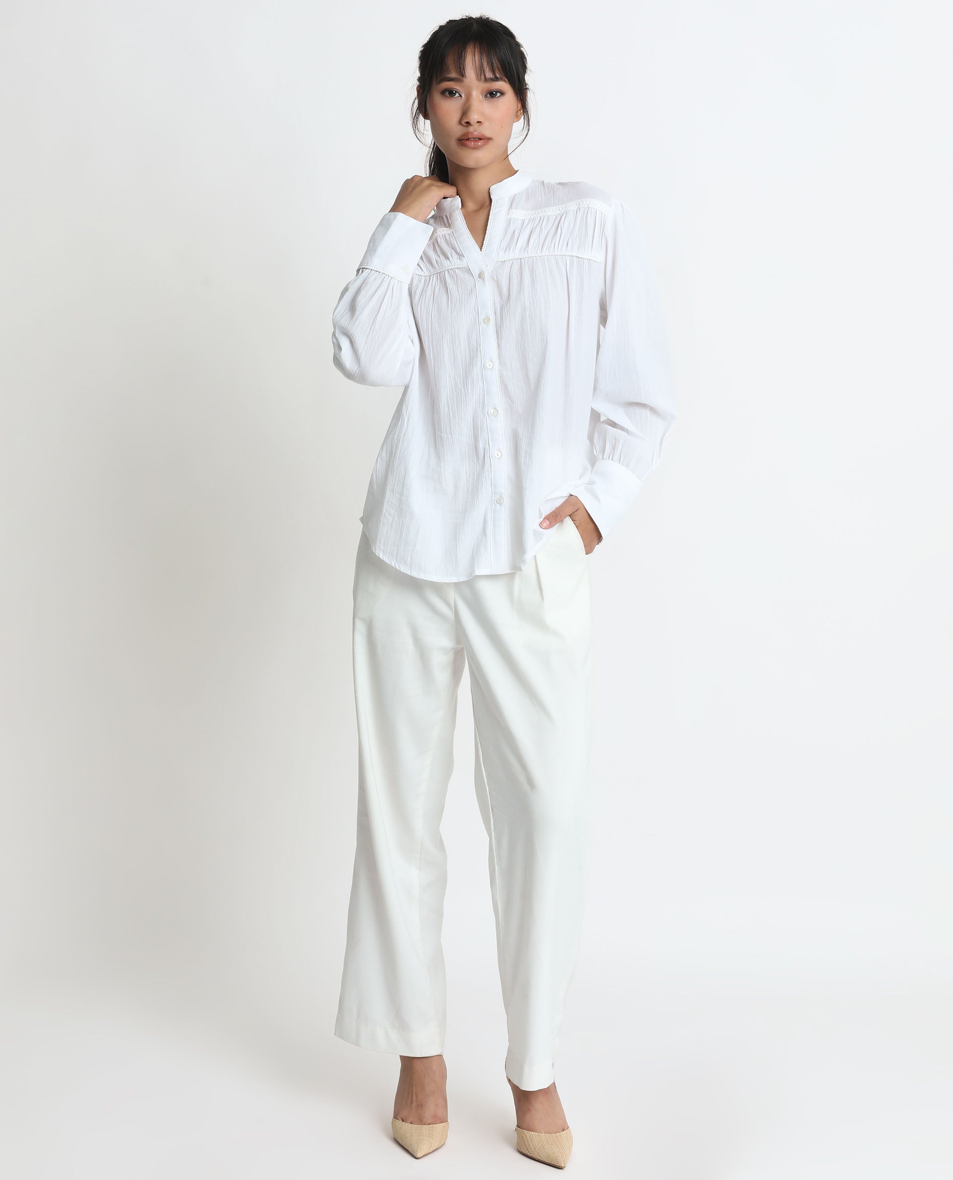 Rareism Women's Stern White Cotton Mandarin Collar Plain Bishop Sleeve Relaxed Fit Top