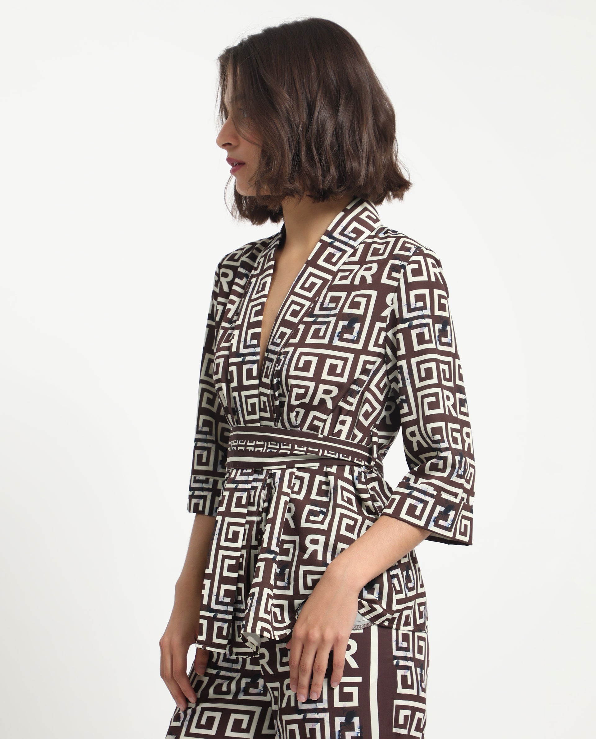 Rareism Women's Stevenson Brown Polyester Collarless Geometric Print Regular Fit Top