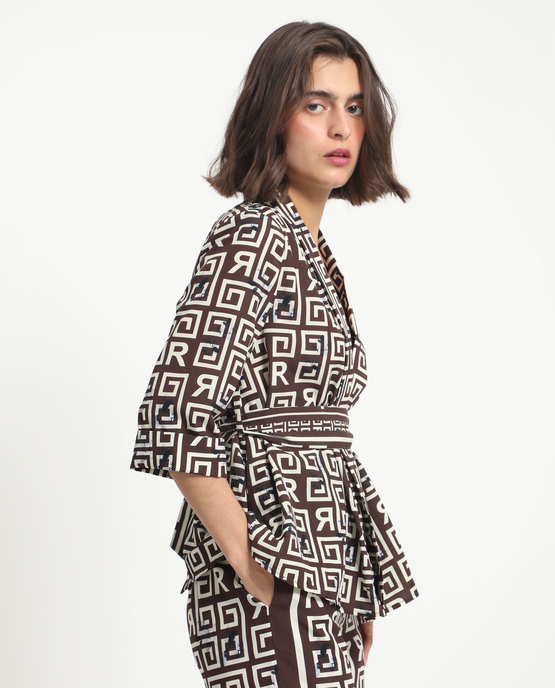 Rareism Women's Stevenson Brown Polyester Collarless Geometric Print Regular Fit Top