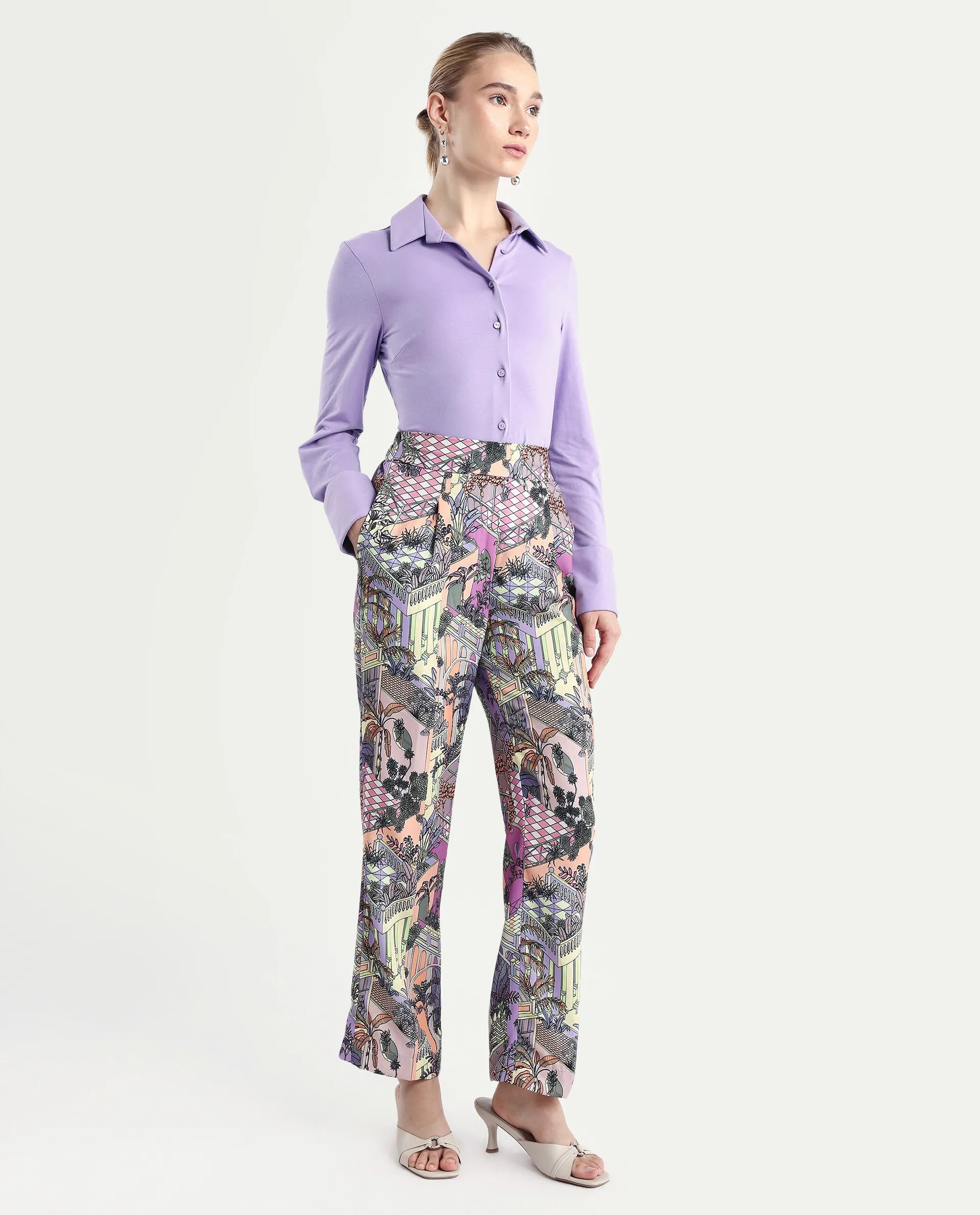 Rareism Women's Stevie-B Light Multi Polyester Abstract Print Ankle Length Straight Fit Trouser
