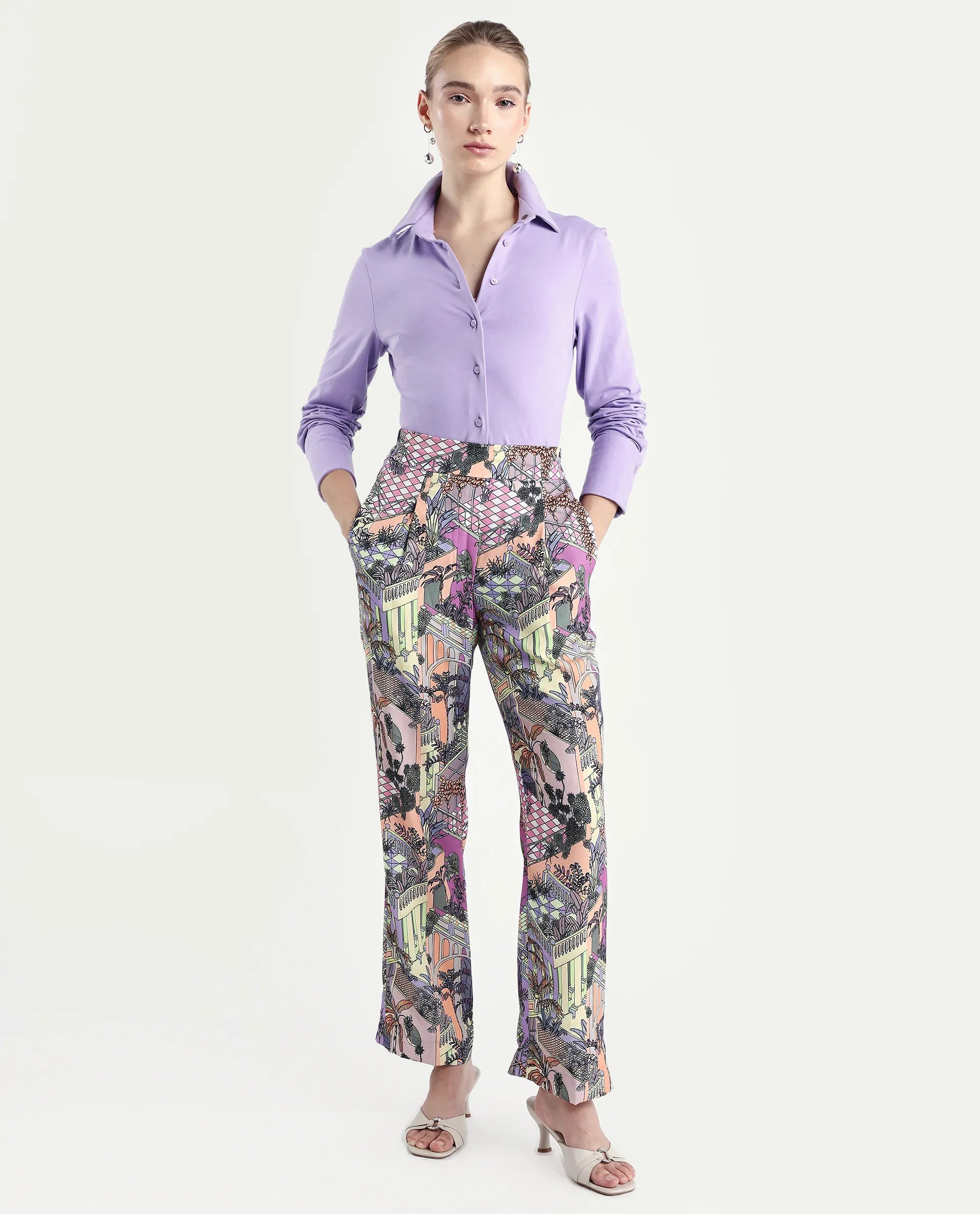 Rareism Women's Stevie-B Light Multi Polyester Abstract Print Ankle Length Straight Fit Trouser