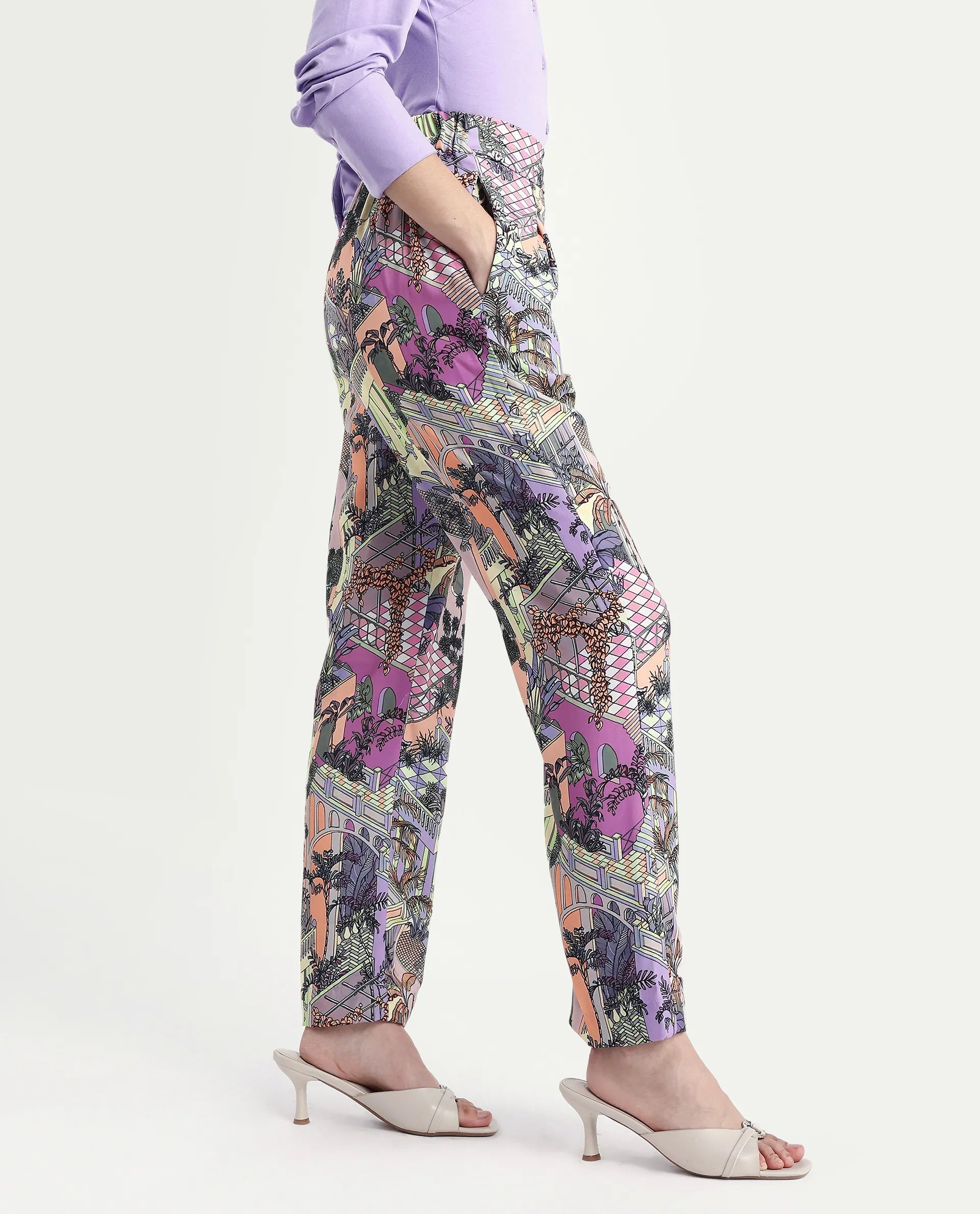 Rareism Women's Stevie-B Light Multi Polyester Abstract Print Ankle Length Straight Fit Trouser