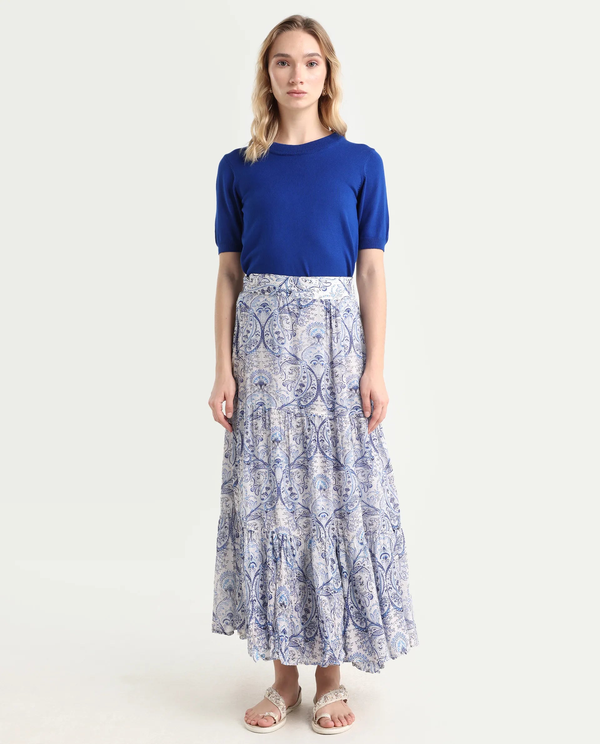 Rareism Women's Stignert Multi Cotton Paisley Print Ankle Length Relaxed Fit Skirt
