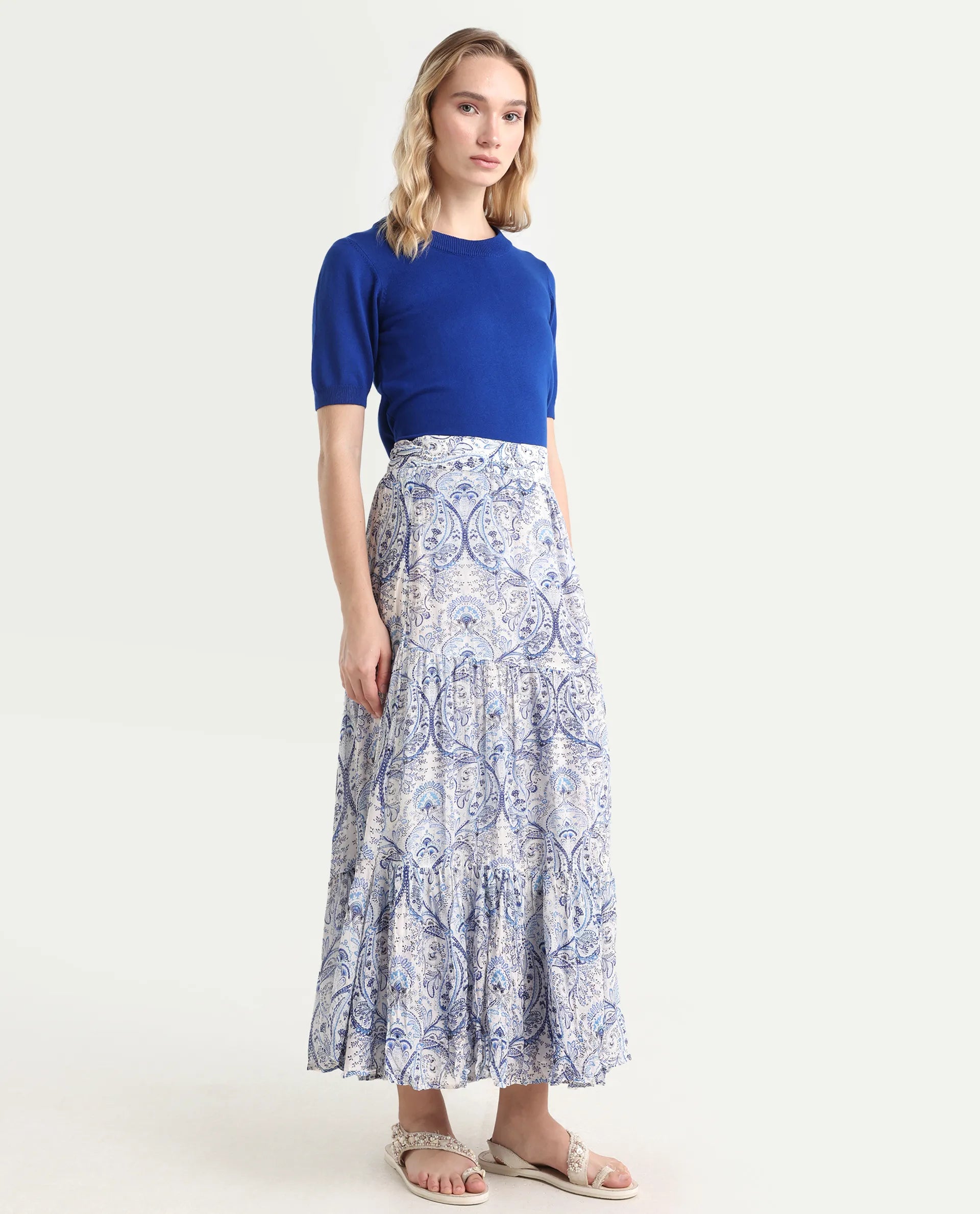 Rareism Women's Stignert Multi Cotton Paisley Print Ankle Length Relaxed Fit Skirt