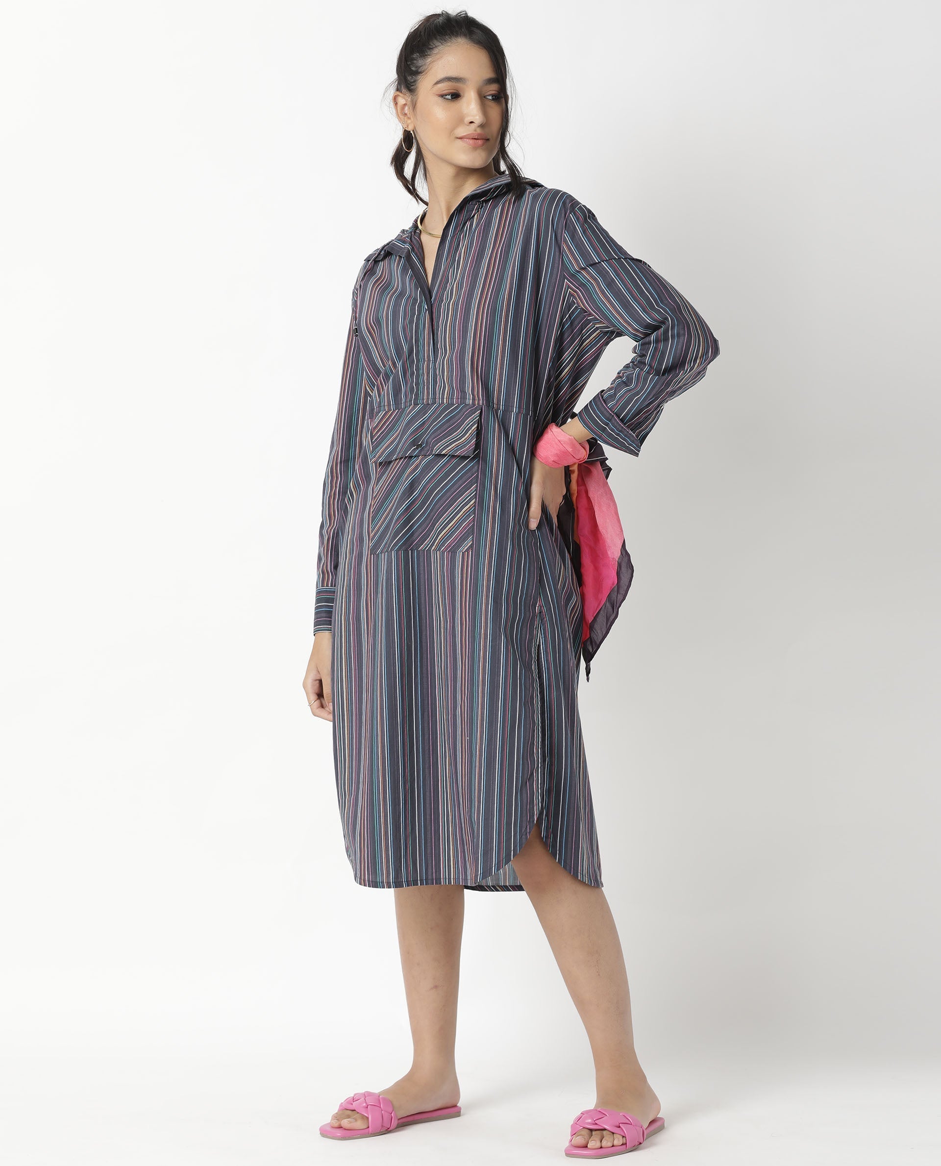 Rareism Women's Stipey Black Hooded Striped Knee Length Regular Fit Dress