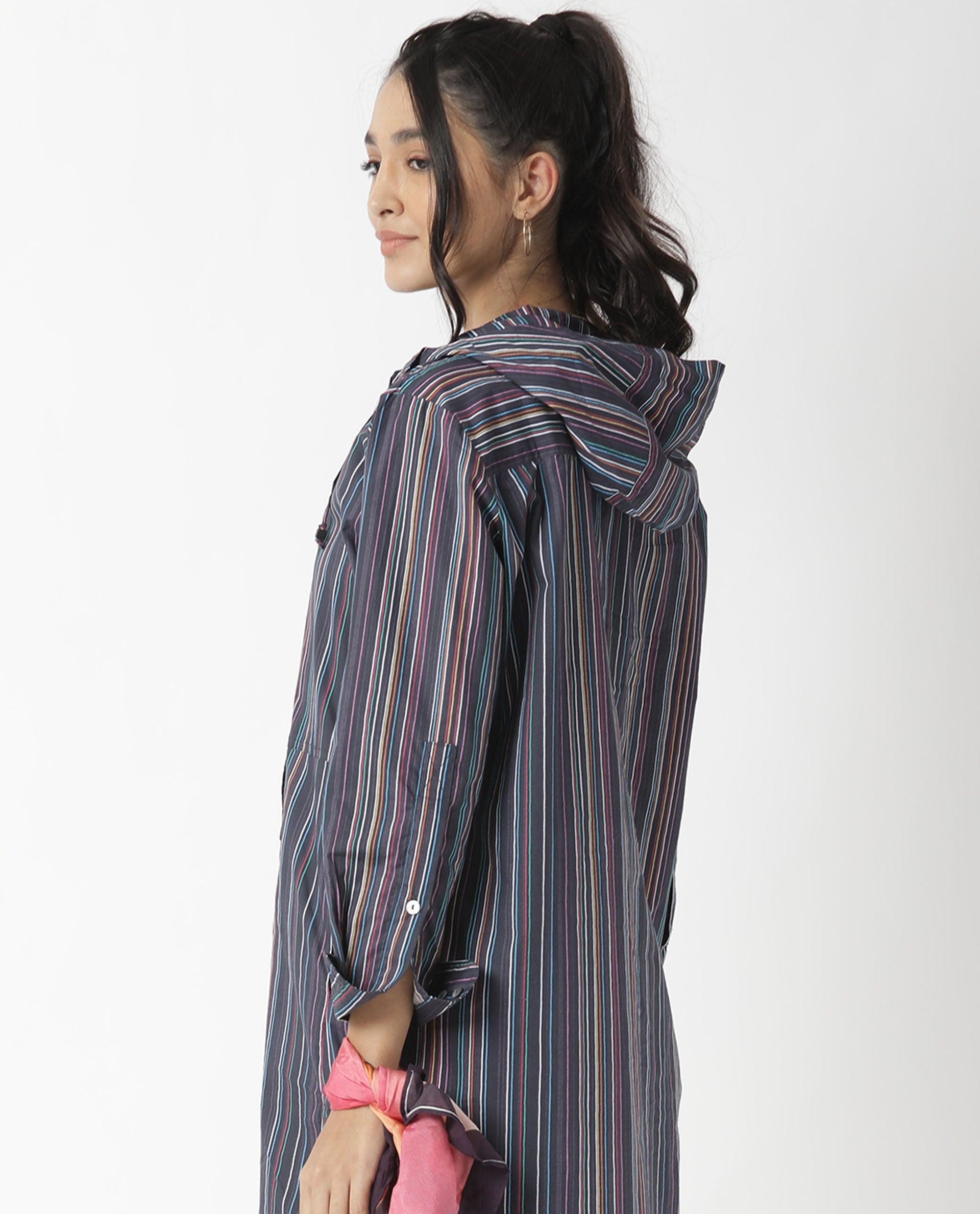 Rareism Women's Stipey Black Hooded Striped Knee Length Regular Fit Dress