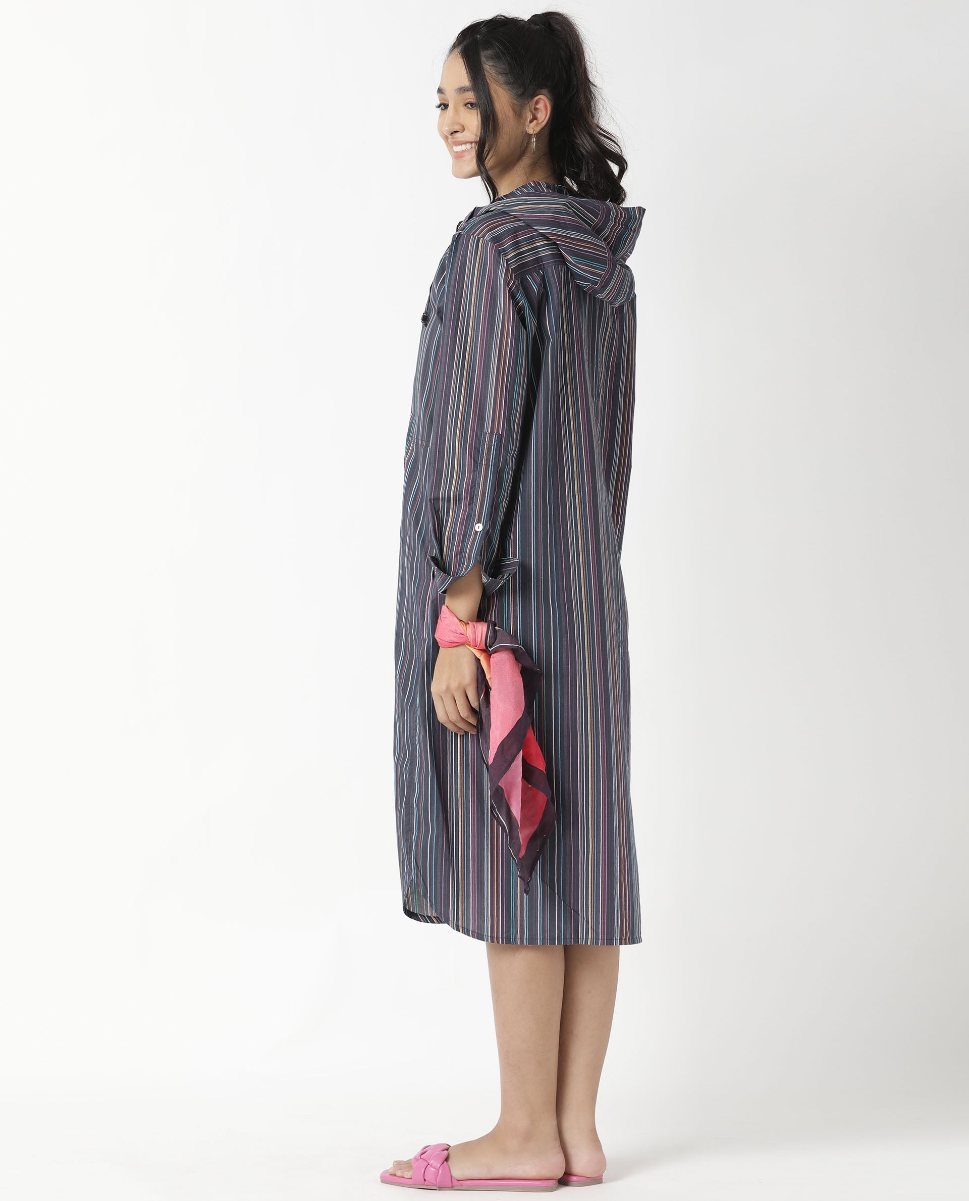Rareism Women's Stipey Black Hooded Striped Knee Length Regular Fit Dress