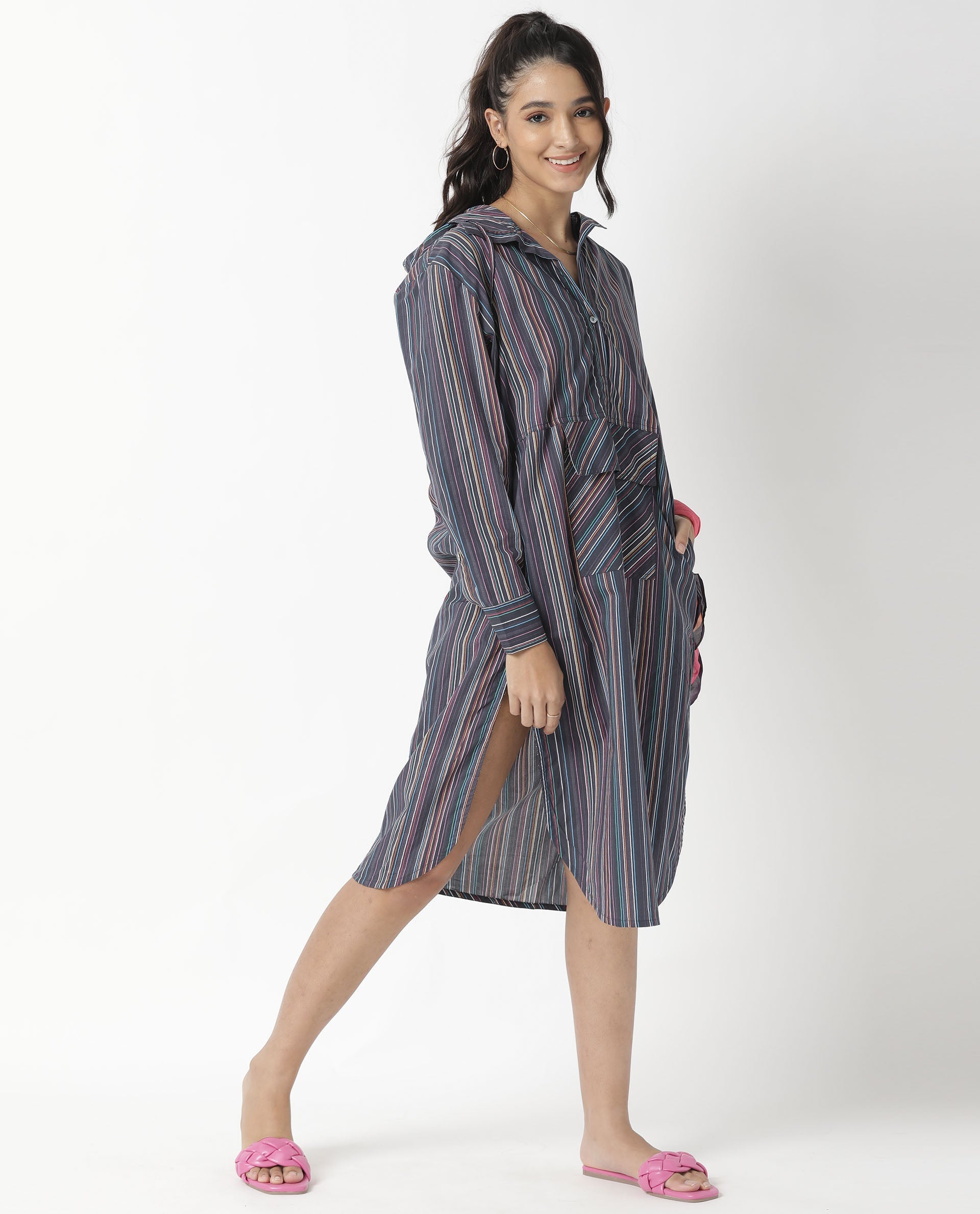 Rareism Women Stipey Black Full Sleeves Neck With Hoodie Centre Patch Pocket With Side Slit Knee Length Dress