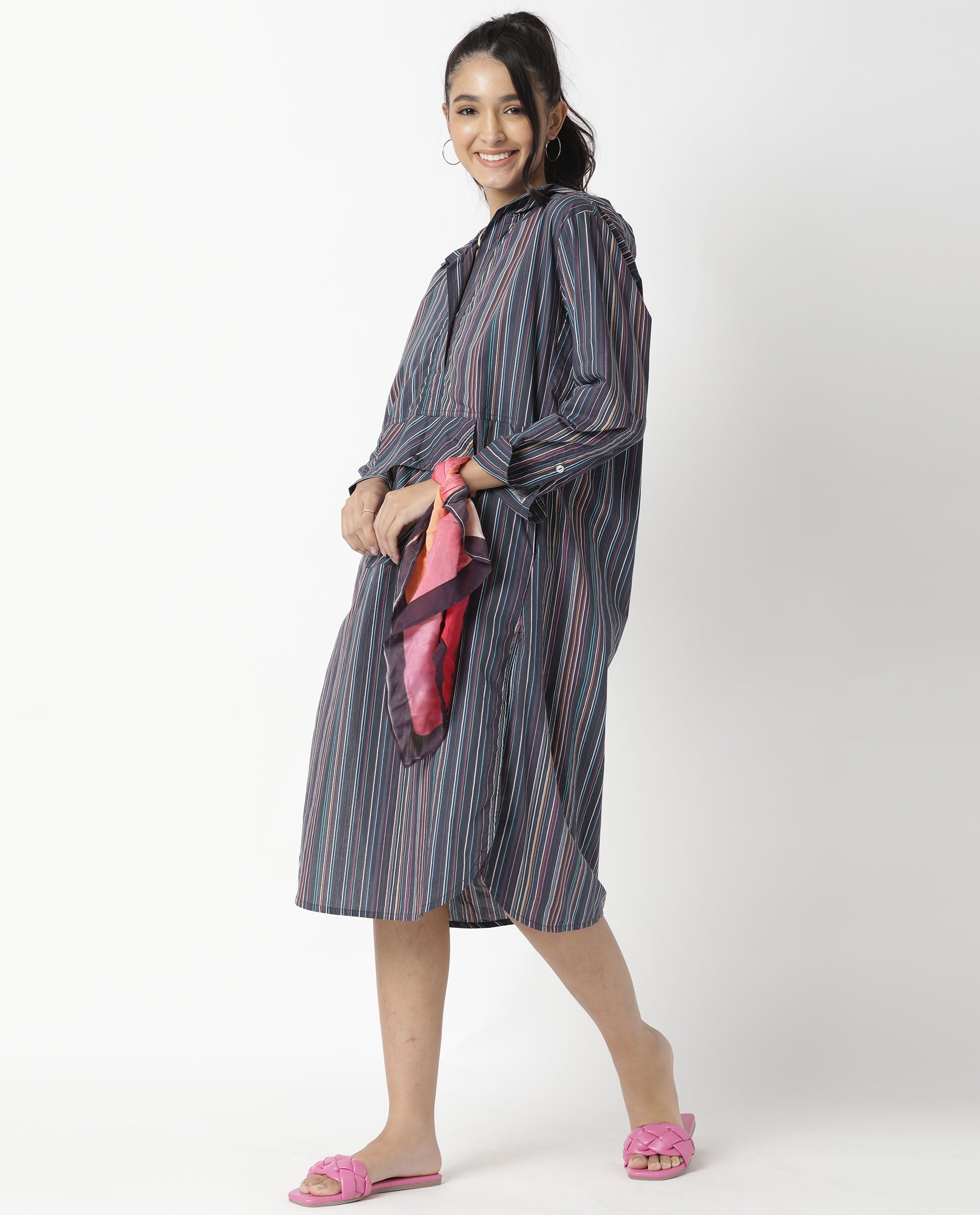 Rareism Women's Stipey Black Hooded Striped Knee Length Regular Fit Dress