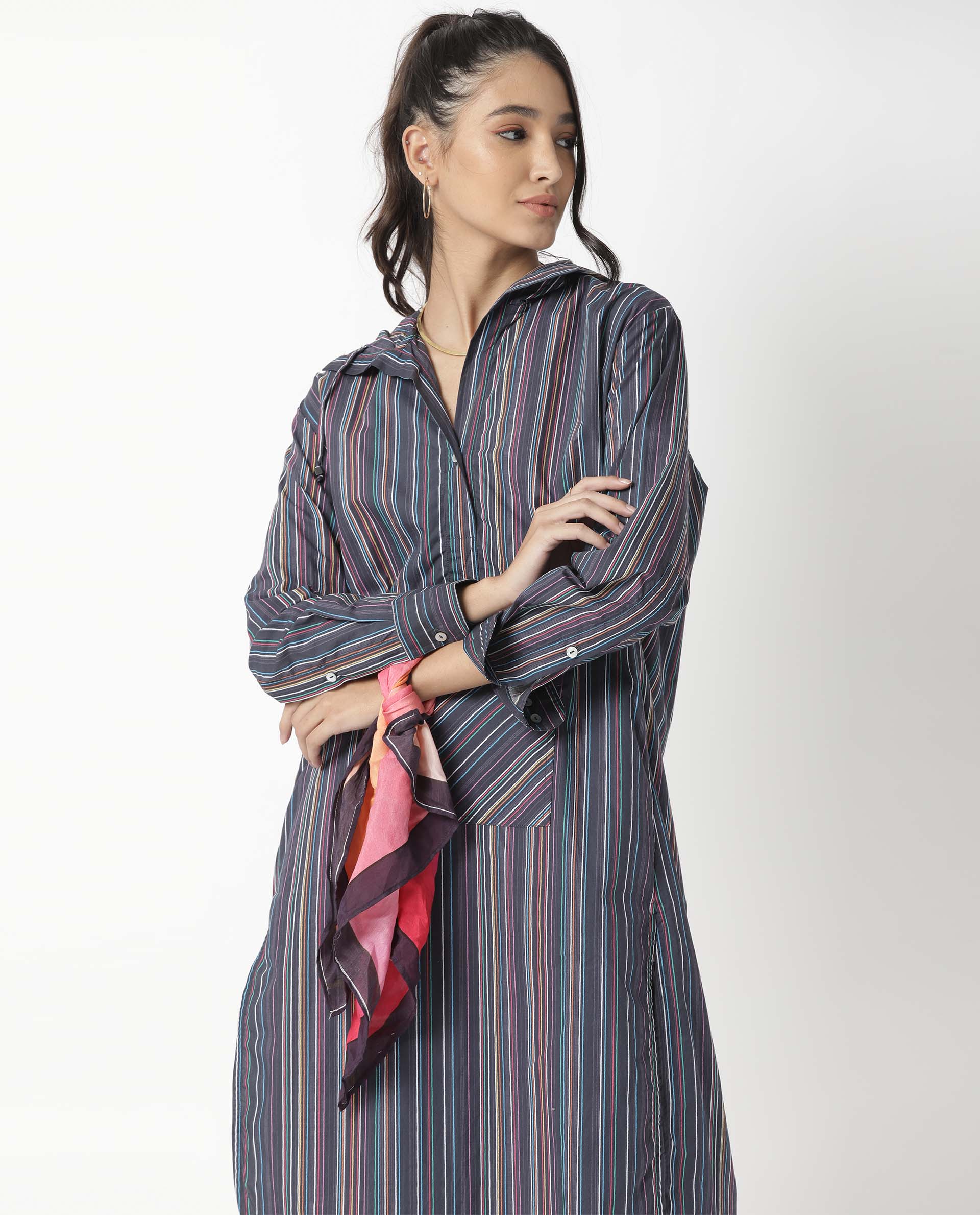 Rareism Women's Stipey Black Hooded Striped Knee Length Regular Fit Dress