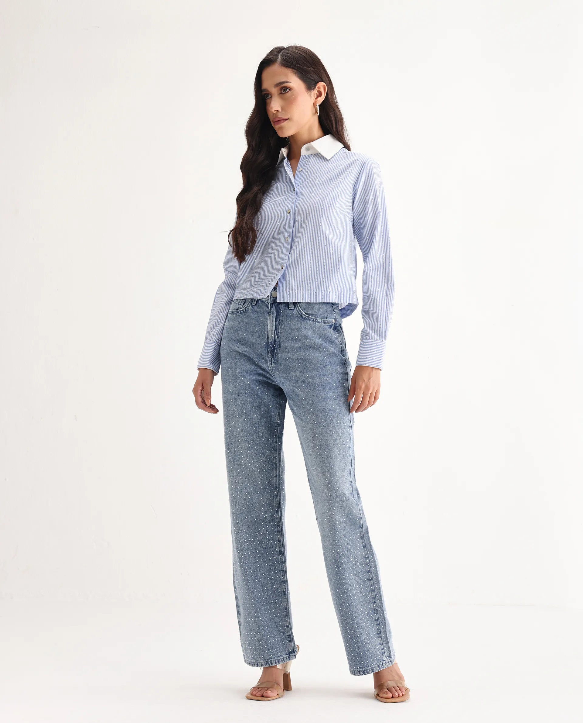 Rareism Women's Study Blue Cotton Blend Plain Ankle Length Smart Straight Fit Jeans