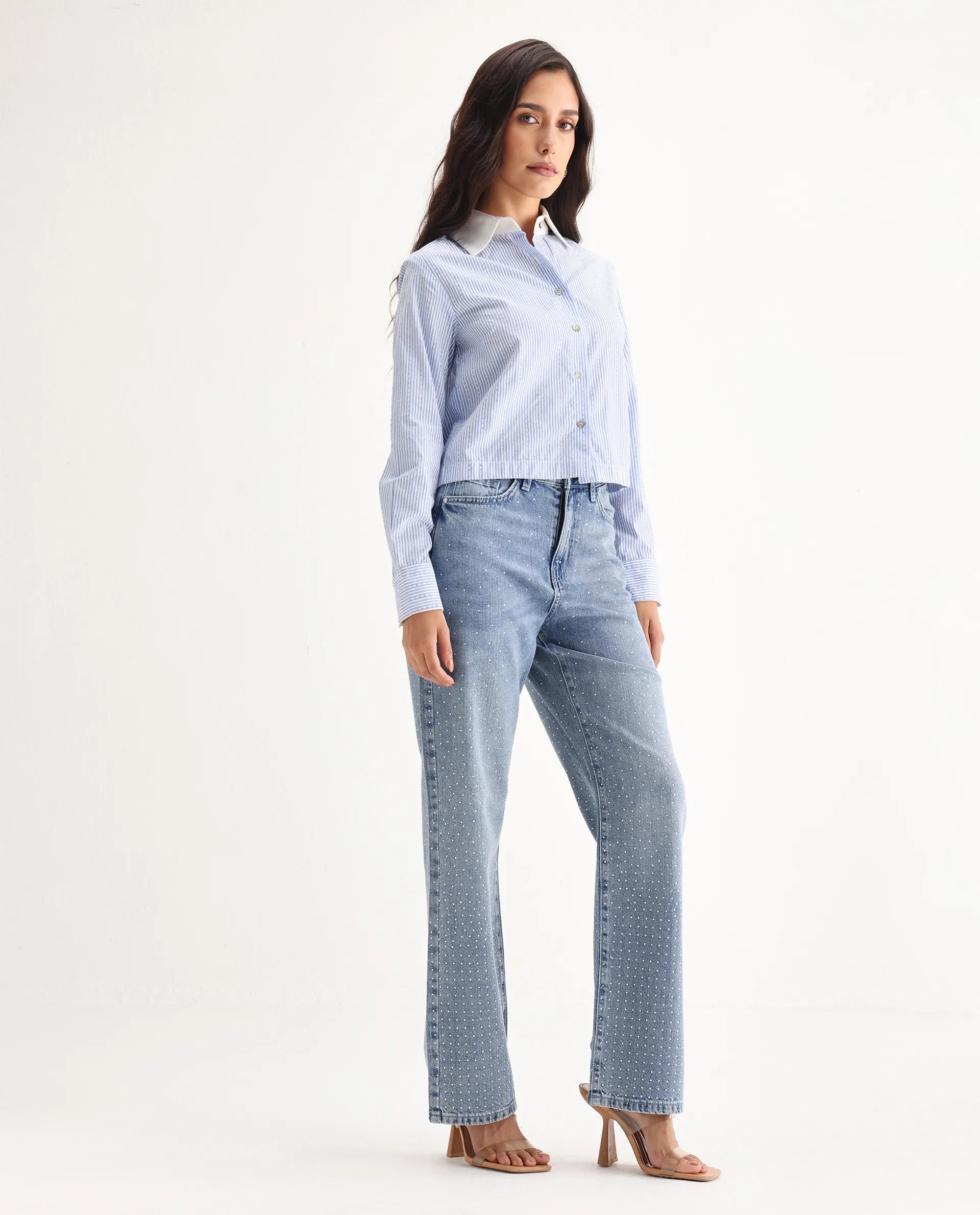 Rareism Women's Study Blue Cotton Blend Plain Ankle Length Smart Straight Fit Jeans