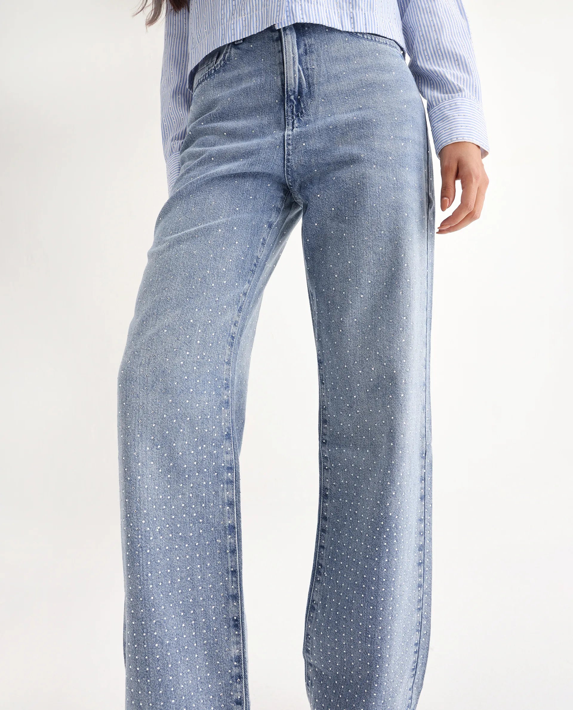 Rareism Women's Study Blue Cotton Blend Plain Ankle Length Smart Straight Fit Jeans