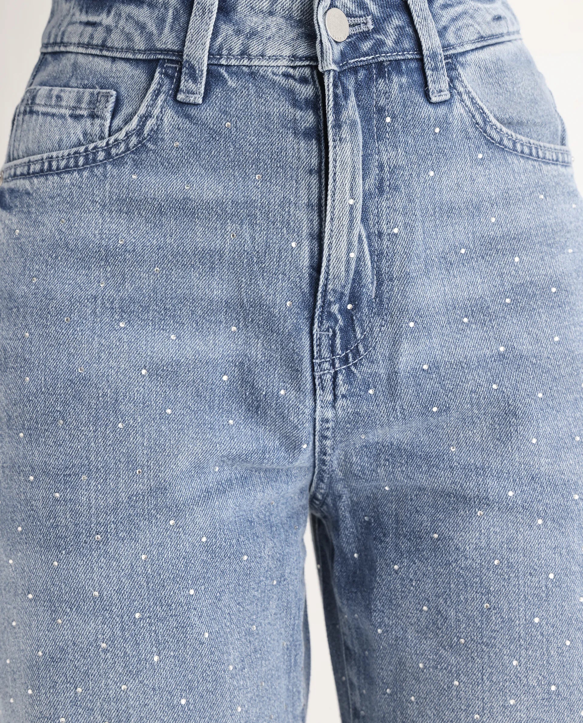 Rareism Women's Study Blue Cotton Blend Plain Ankle Length Smart Straight Fit Jeans