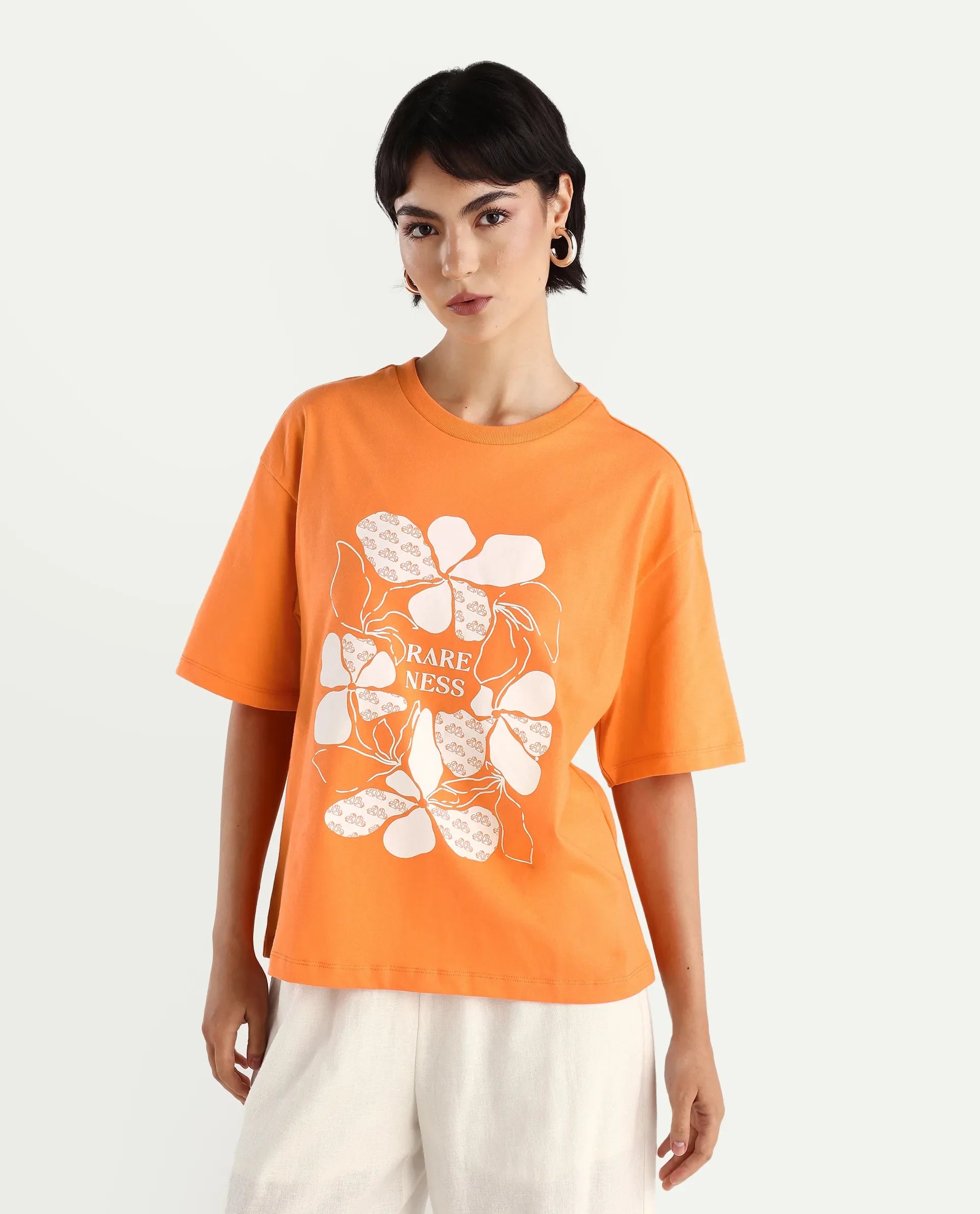 Rareism Women's Stunt Orange Cotton Crew Neck Graphic Print Oversized T-Shirt