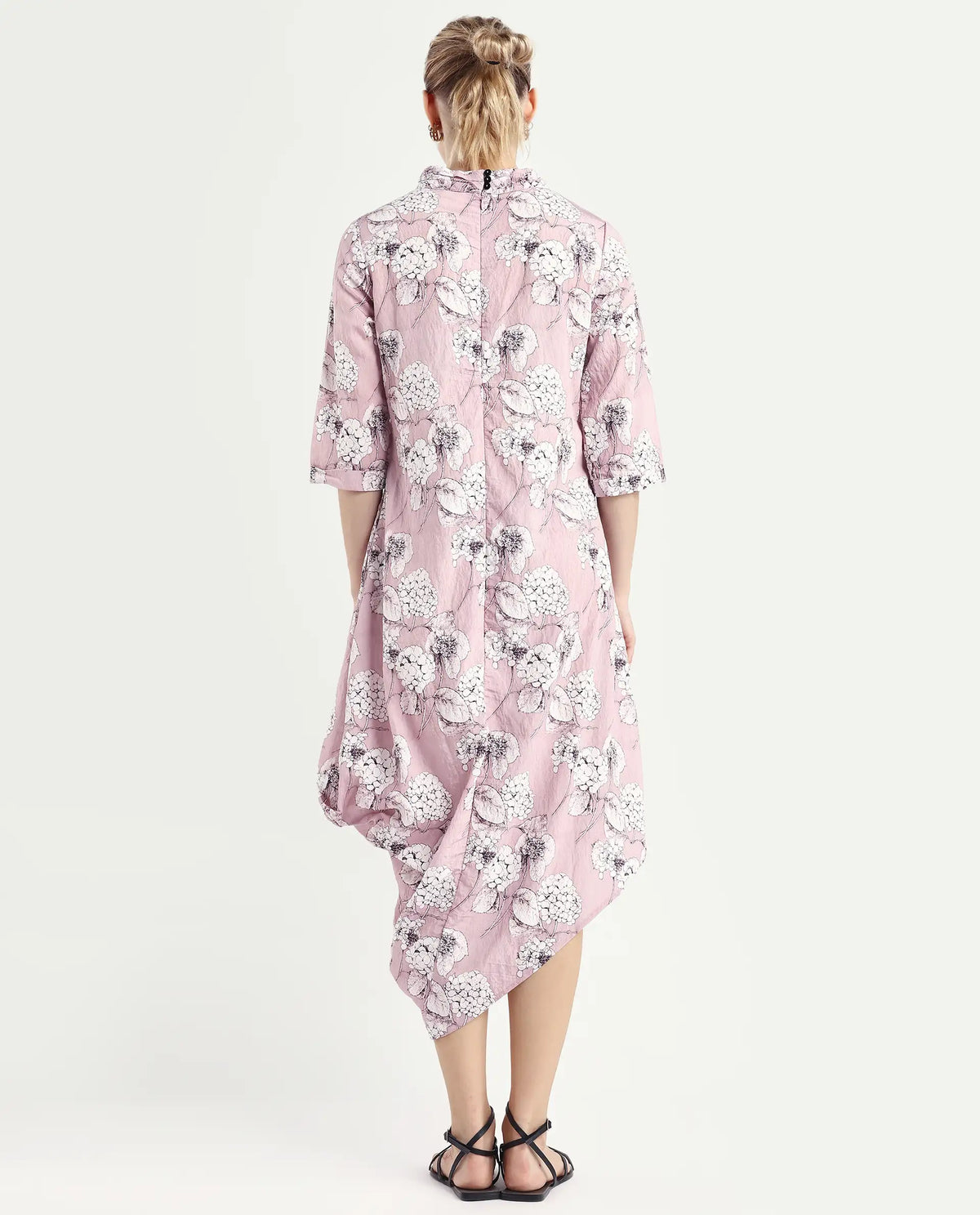 Rareism Women's Sullivio Dusky Pink Nylon Blend High Neck Floral Print Midi Relaxed Fit Dress