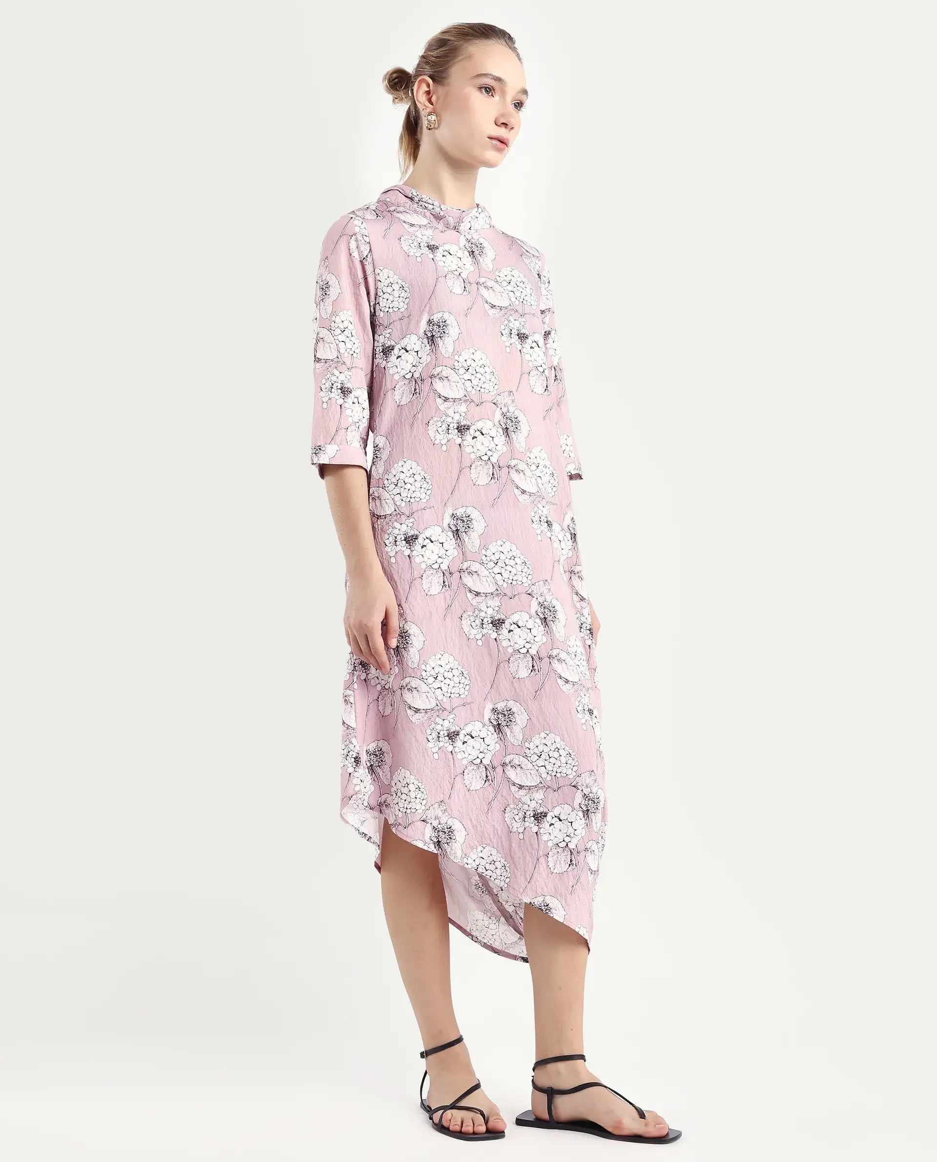 Rareism Women's Sullivio Dusky Pink Nylon Blend High Neck Floral Print Midi Relaxed Fit Dress