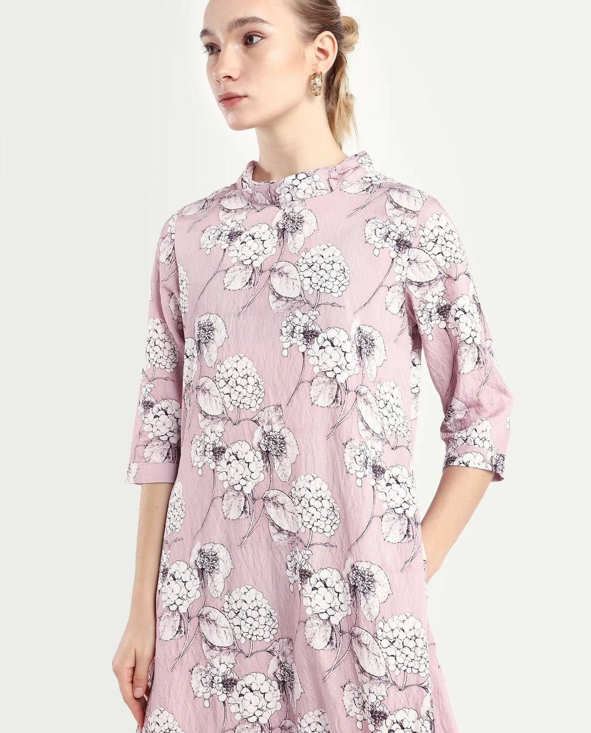 Rareism Women's Sullivio Dusky Pink Nylon Blend High Neck Floral Print Midi Relaxed Fit Dress