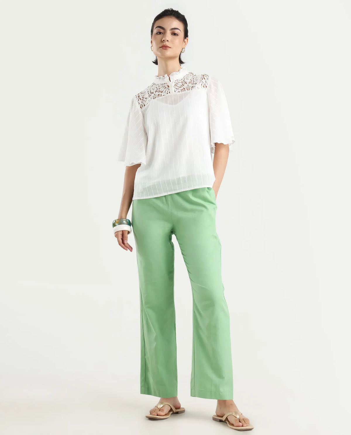 Rareism Women's Sura Off White Cotton Sweetheart Neck Plain Bell Sleeve Regular Fit Top