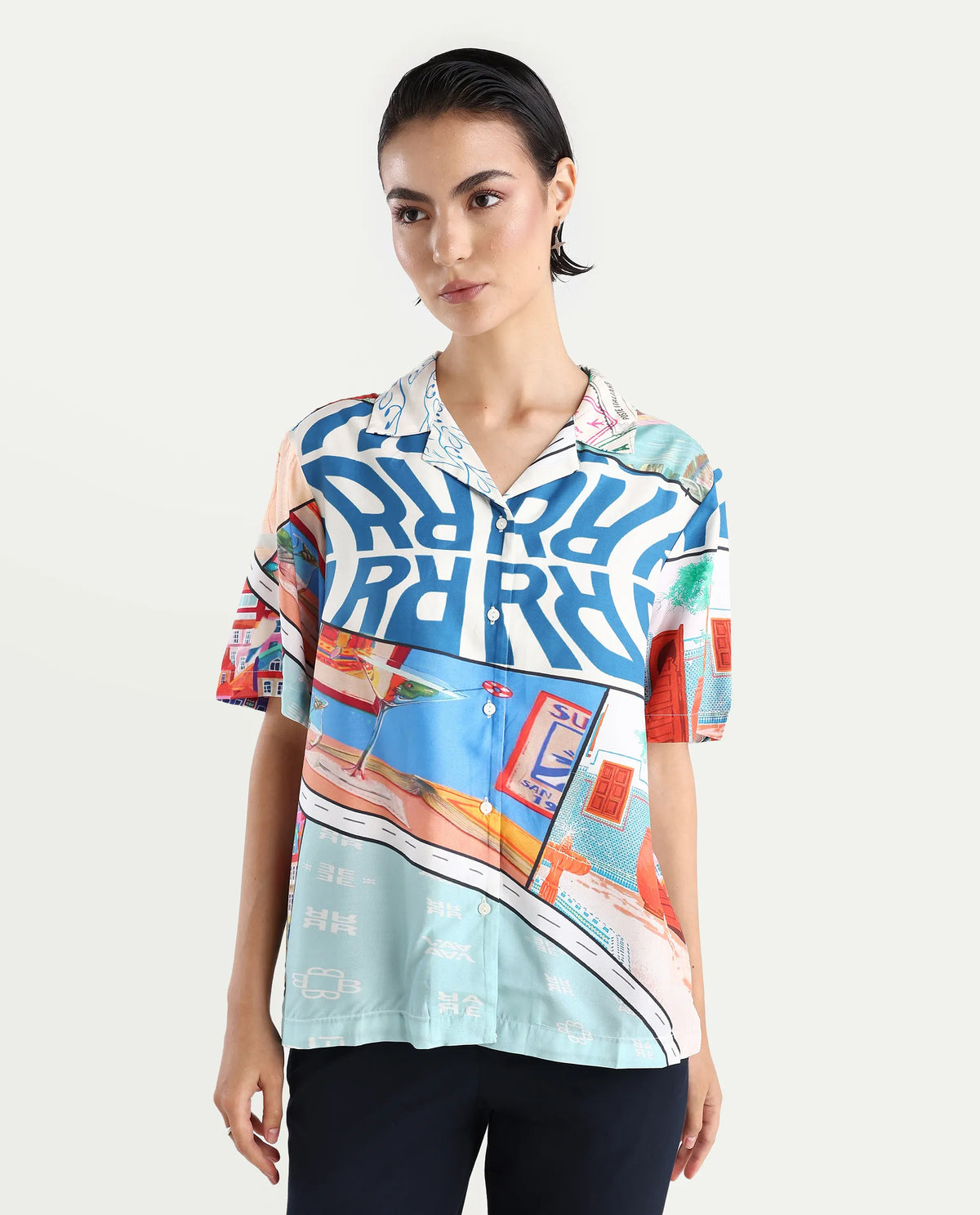 Rareism Women's Surfer Light Multi Viscose Spread Collar Abstract Print Relaxed Fit Top