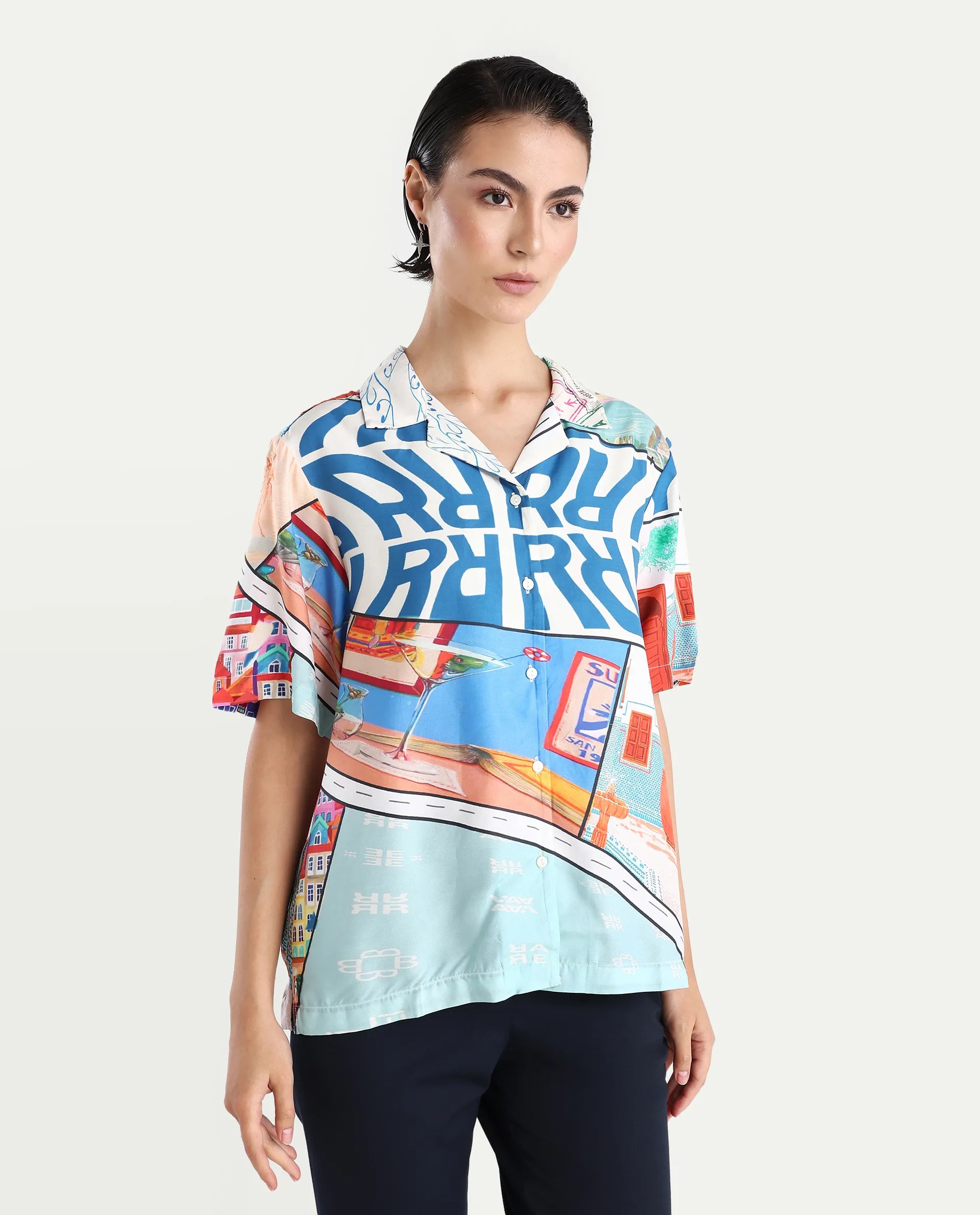 Rareism Women's Surfer Light Multi Viscose Spread Collar Abstract Print Relaxed Fit Top