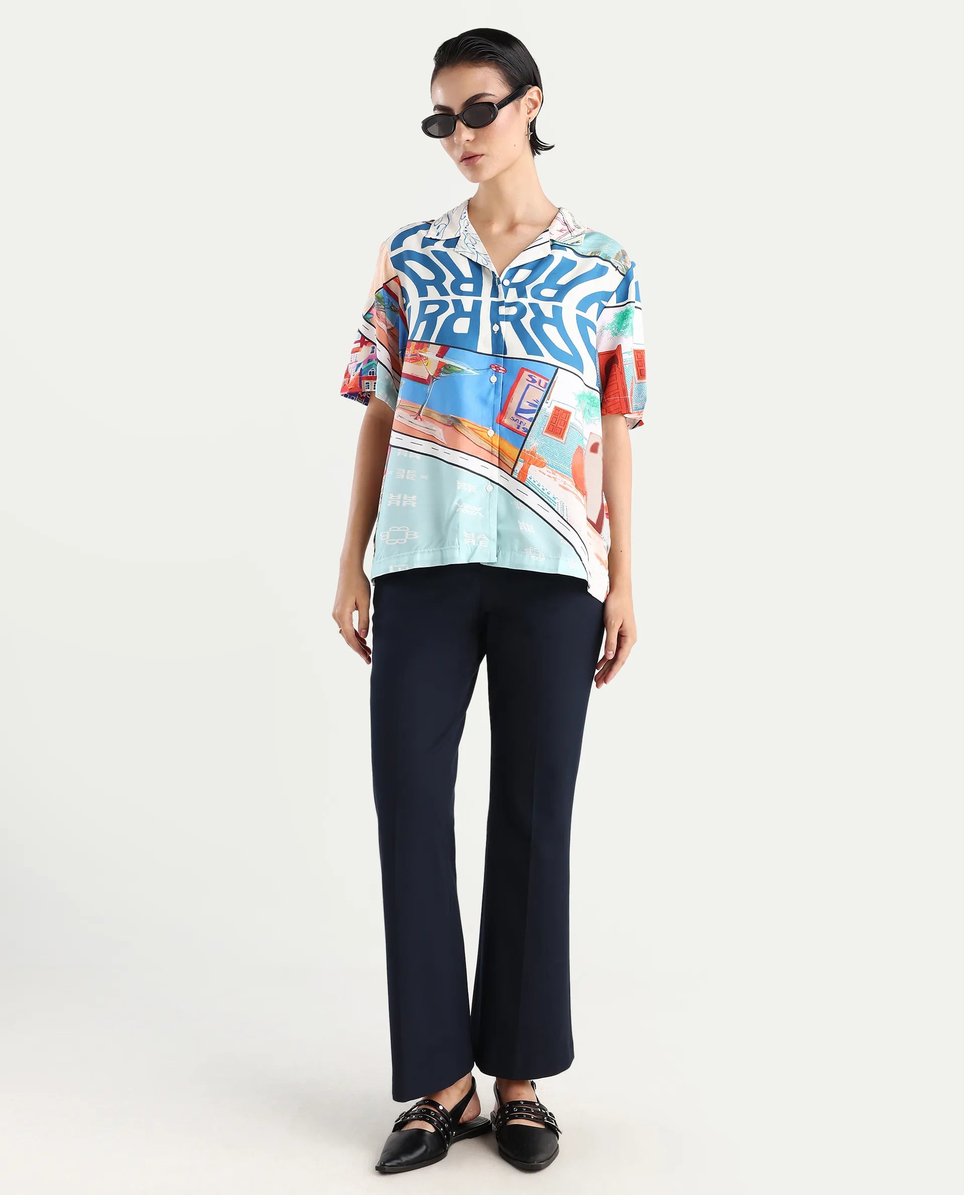 Rareism Women's Surfer Light Multi Viscose Spread Collar Abstract Print Relaxed Fit Top