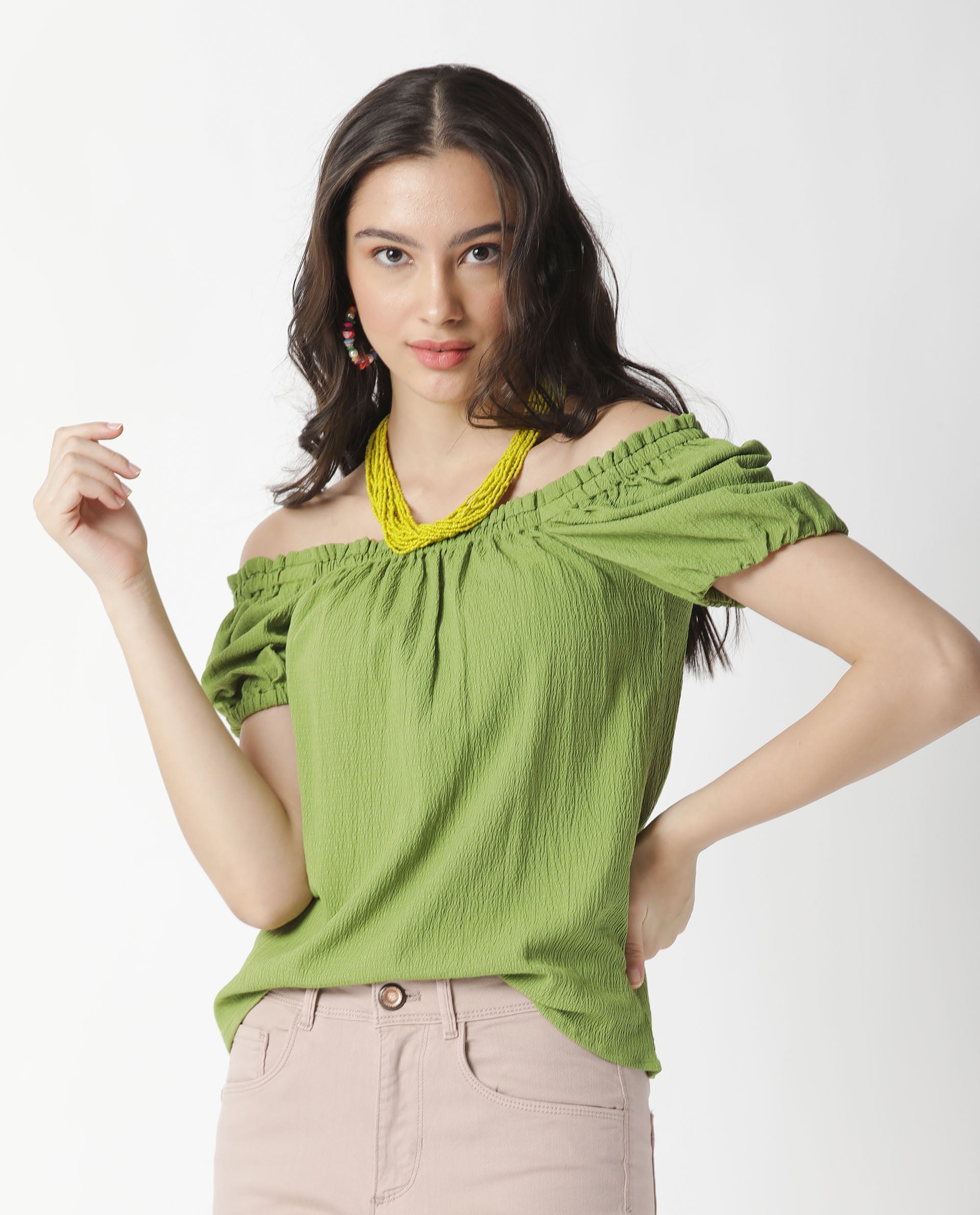 Rareism Women's Swag Green Cotton Blend Square Neck Plain Tailored Top