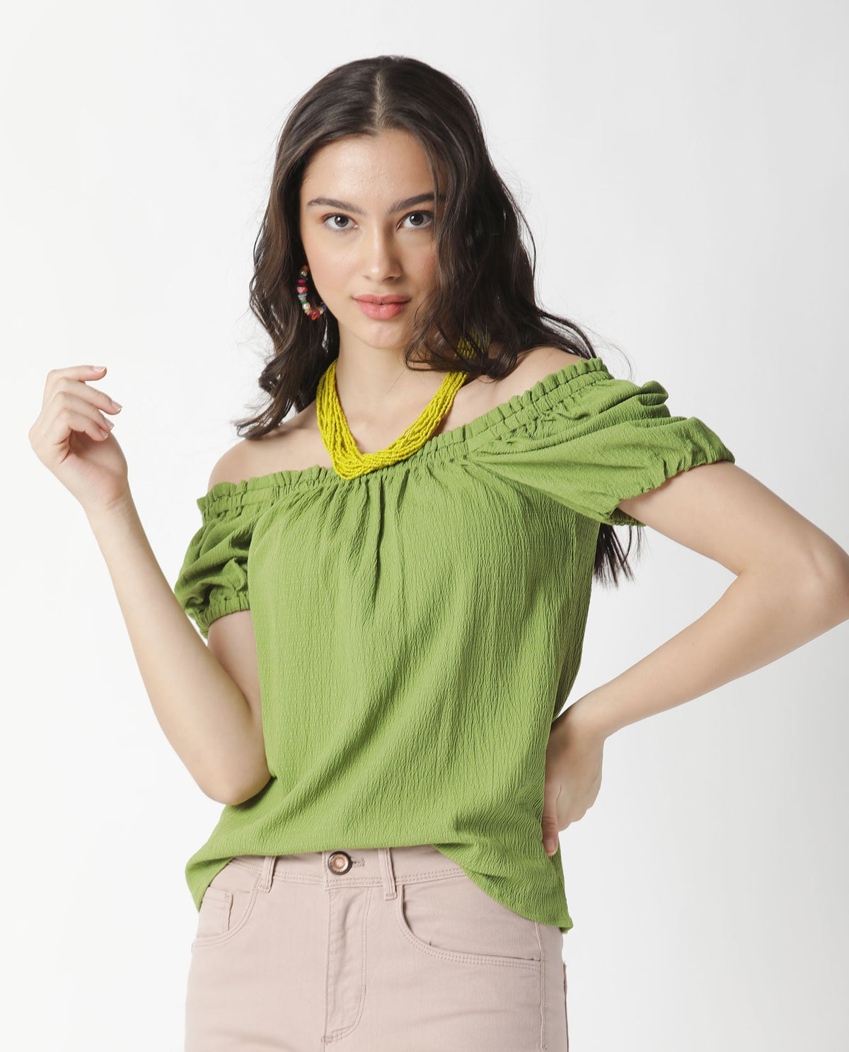 Rareism Women Swag Green Cotton Lycra Fabric Tailored Fit Square Neck Half Sleeves Solid Top