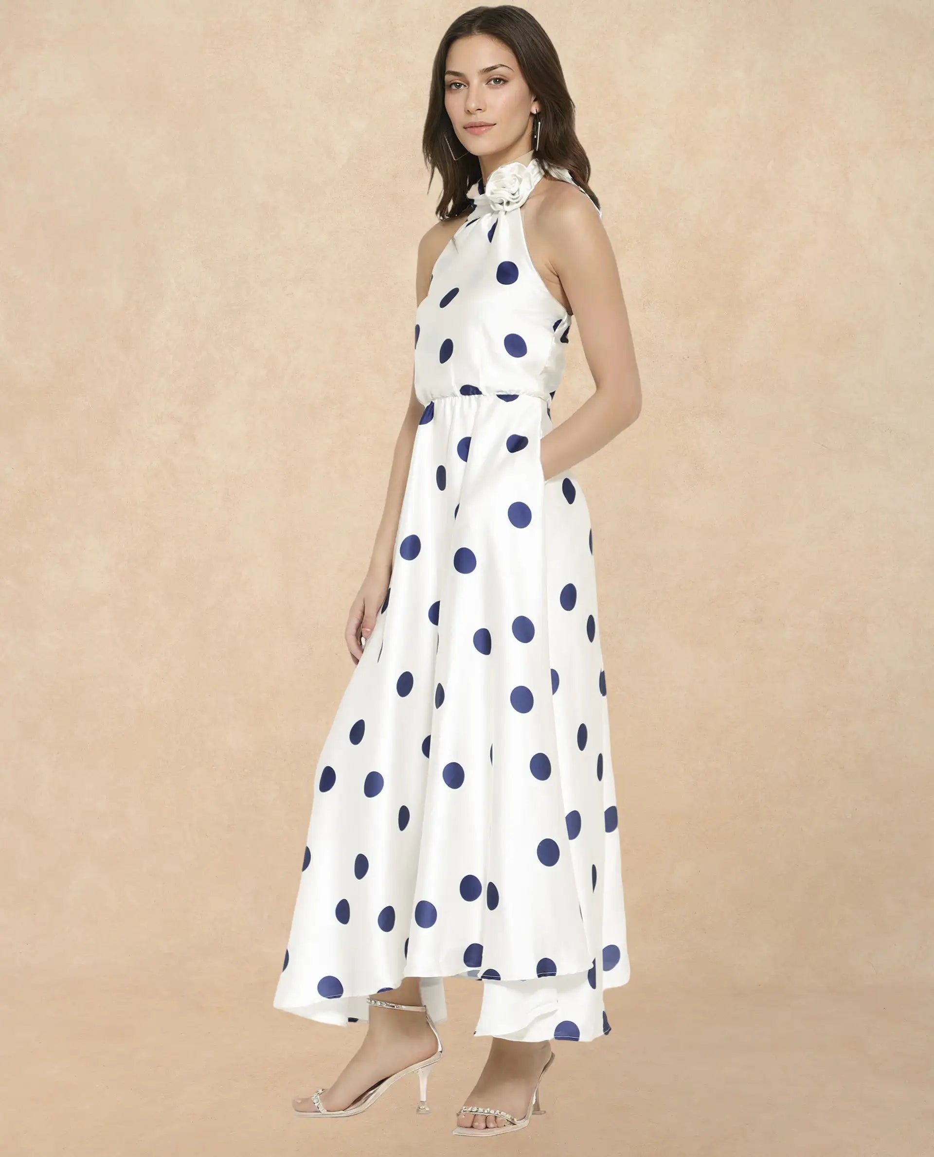 Rareism Women Sydrow White Polyester Fabric Sleeveless Collared Neck Longline Fit And Flare Polka Print Dress