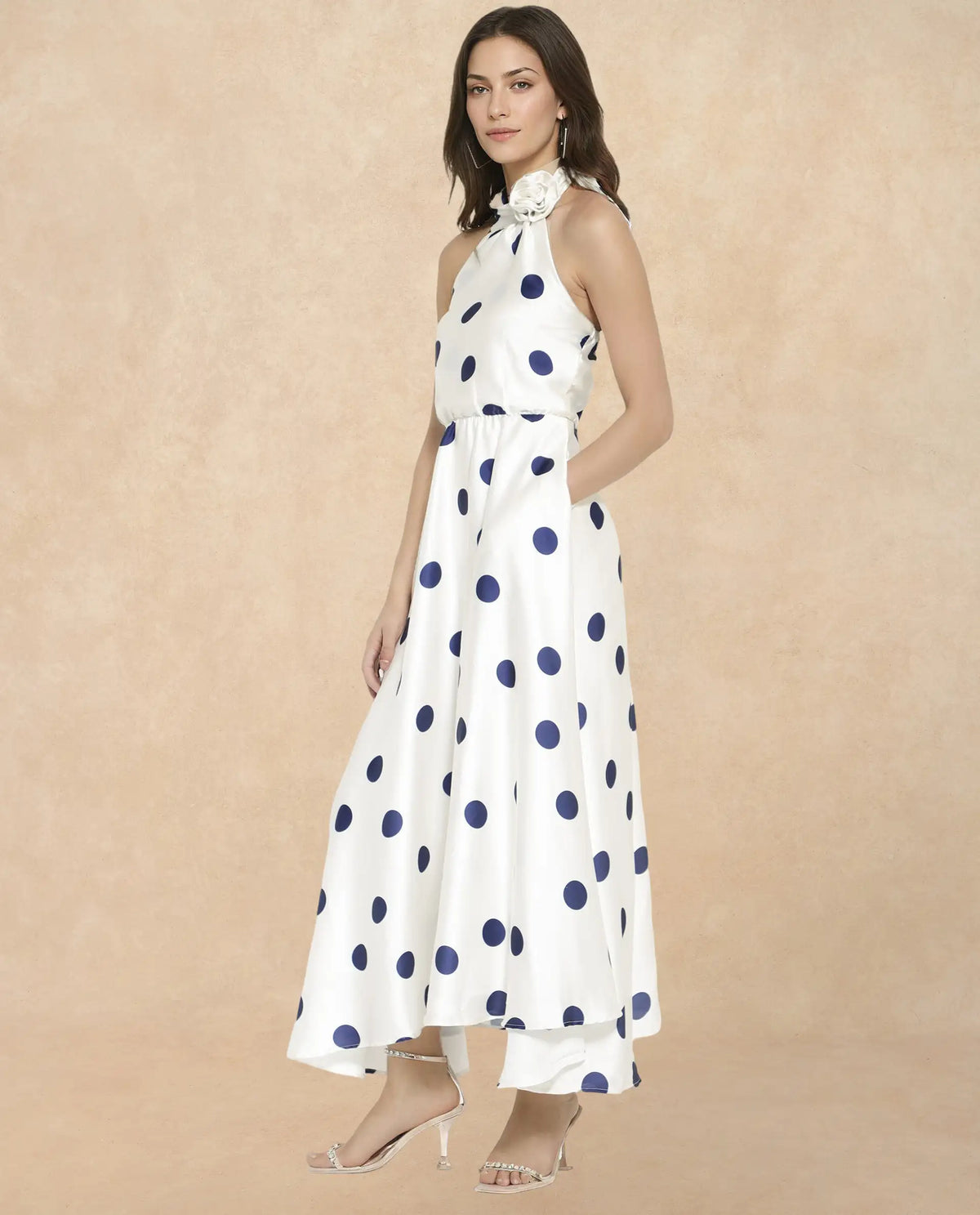 Rareism Women Sydrow White Polyester Fabric Sleeveless Collared Neck Longline Fit And Flare Polka Print Dress
