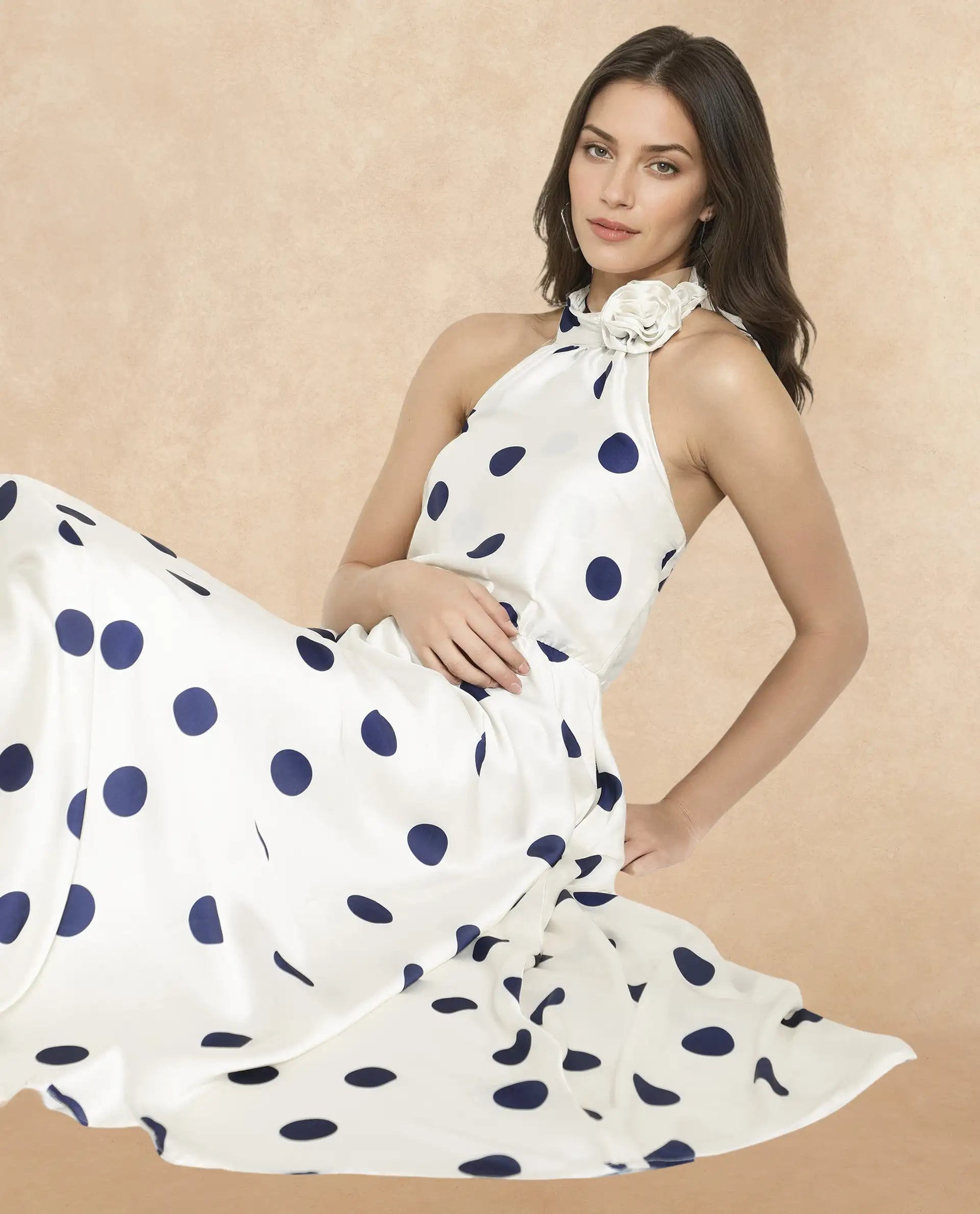 Rareism Women Sydrow White Polyester Fabric Sleeveless Collared Neck Longline Fit And Flare Polka Print Dress