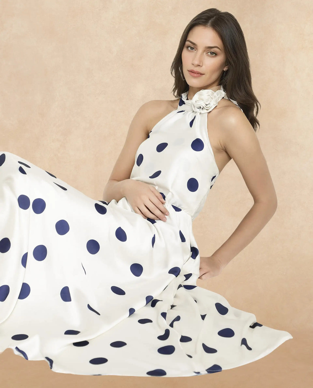 Rareism Women Sydrow White Polyester Fabric Sleeveless Collared Neck Longline Fit And Flare Polka Print Dress
