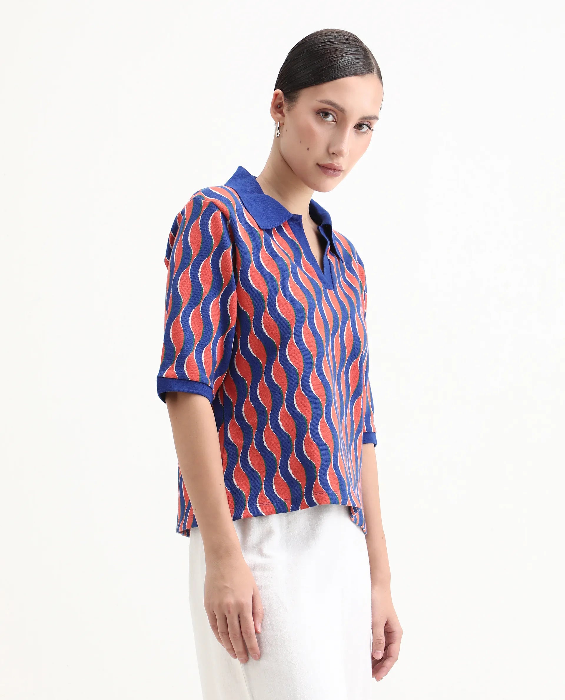 Rareism Women's Sylvi Multi Cotton Ribbed Collar Geometric Print Relaxed Fit Top