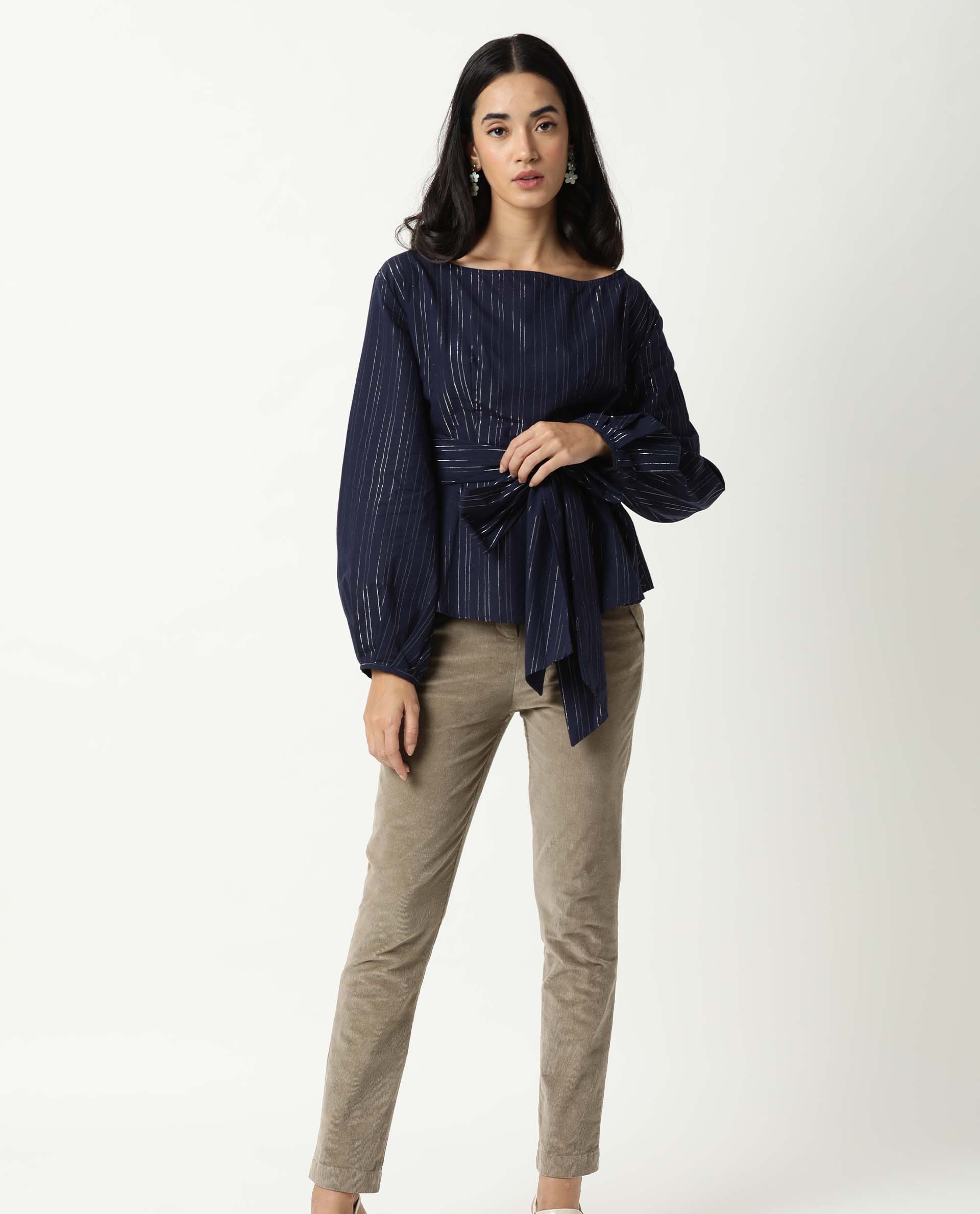 Rareism Women Tackle Navy Regular Fit Boat Neck Full Sleeves Striped Top