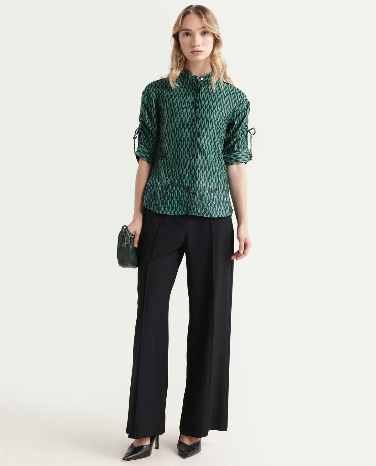 Rareism Women's Tafel Green Cotton Mandarin Collar Geometric Print Regular Fit Top