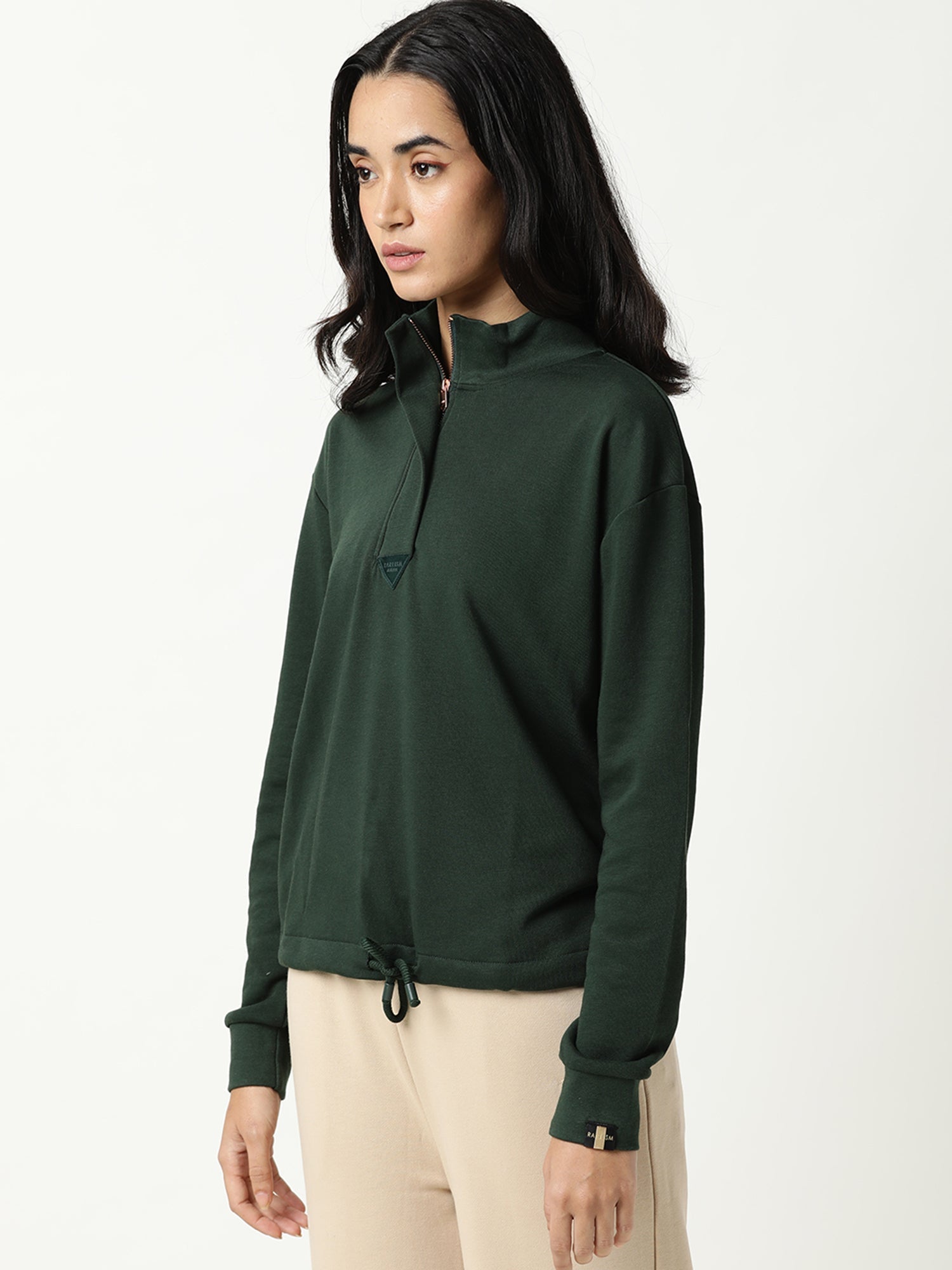 Rareism Women Taffy Green Relaxed Fit Full Sleeves Solid High Neck Sweatshirt