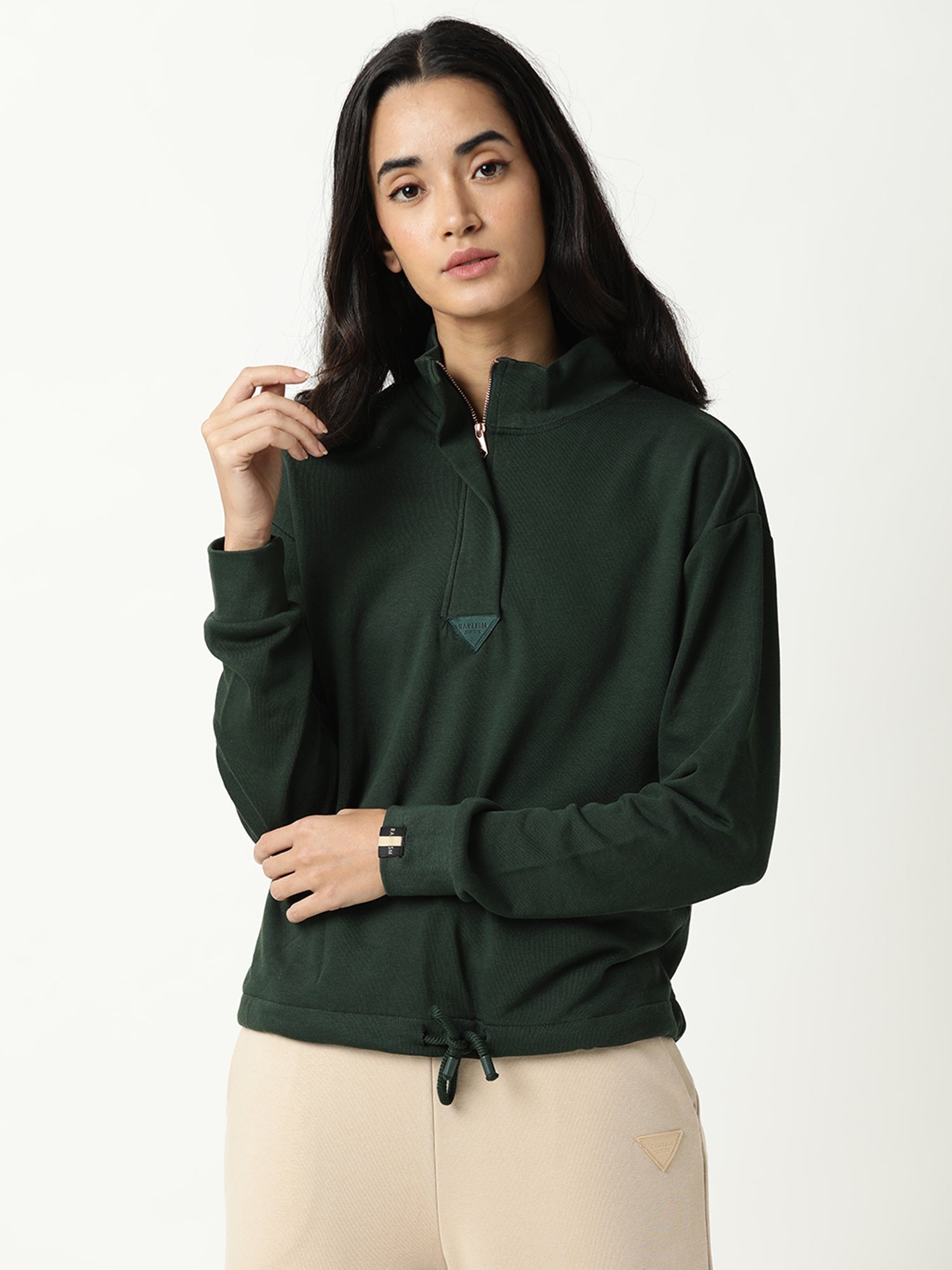 Rareism Women Taffy Green Relaxed Fit Full Sleeves Solid High Neck Sweatshirt