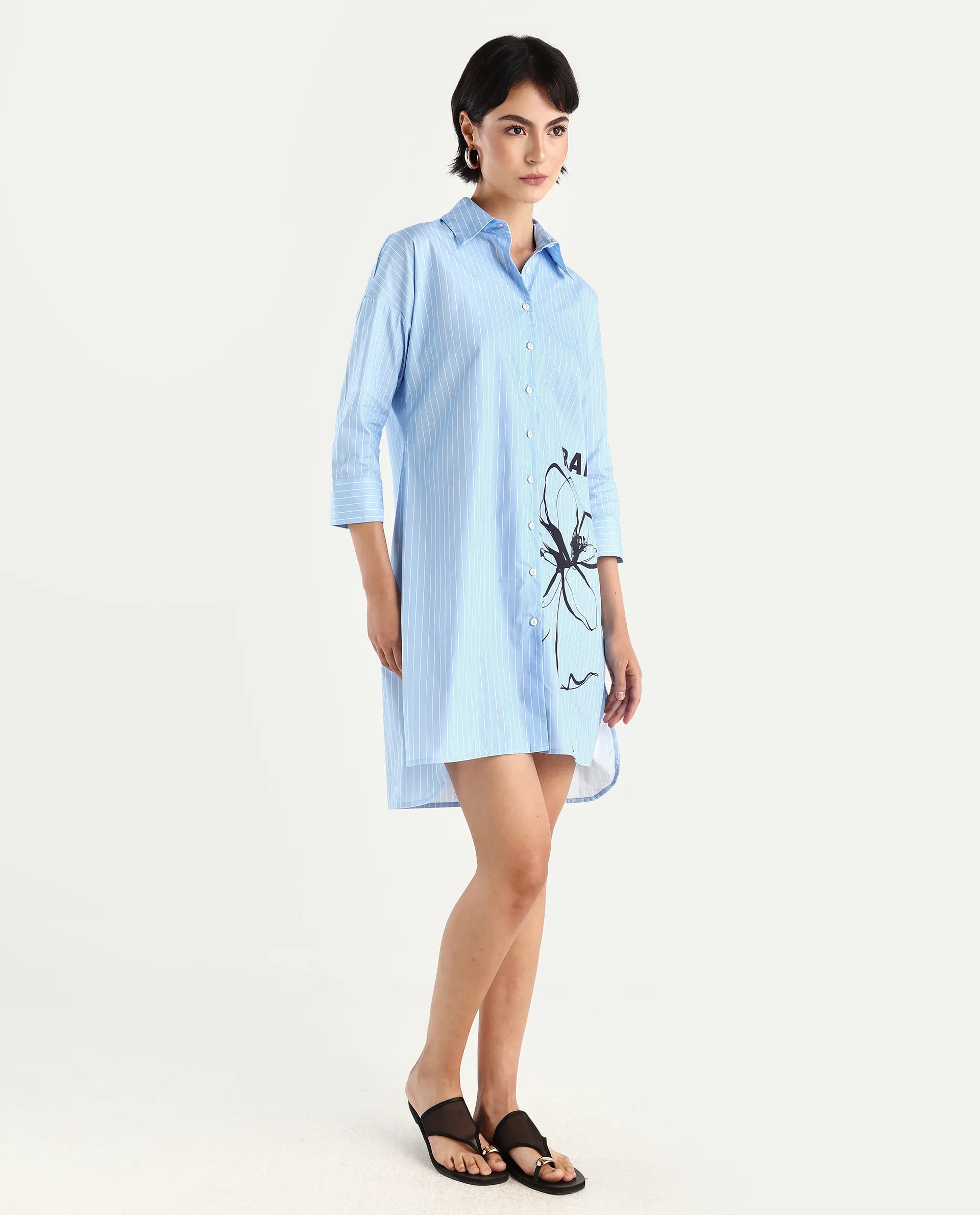 Rareism Women's Tanashi Blue Cotton Spread Collar Floral Print Cuffed Sleeve Mini Relaxed Fit Top
