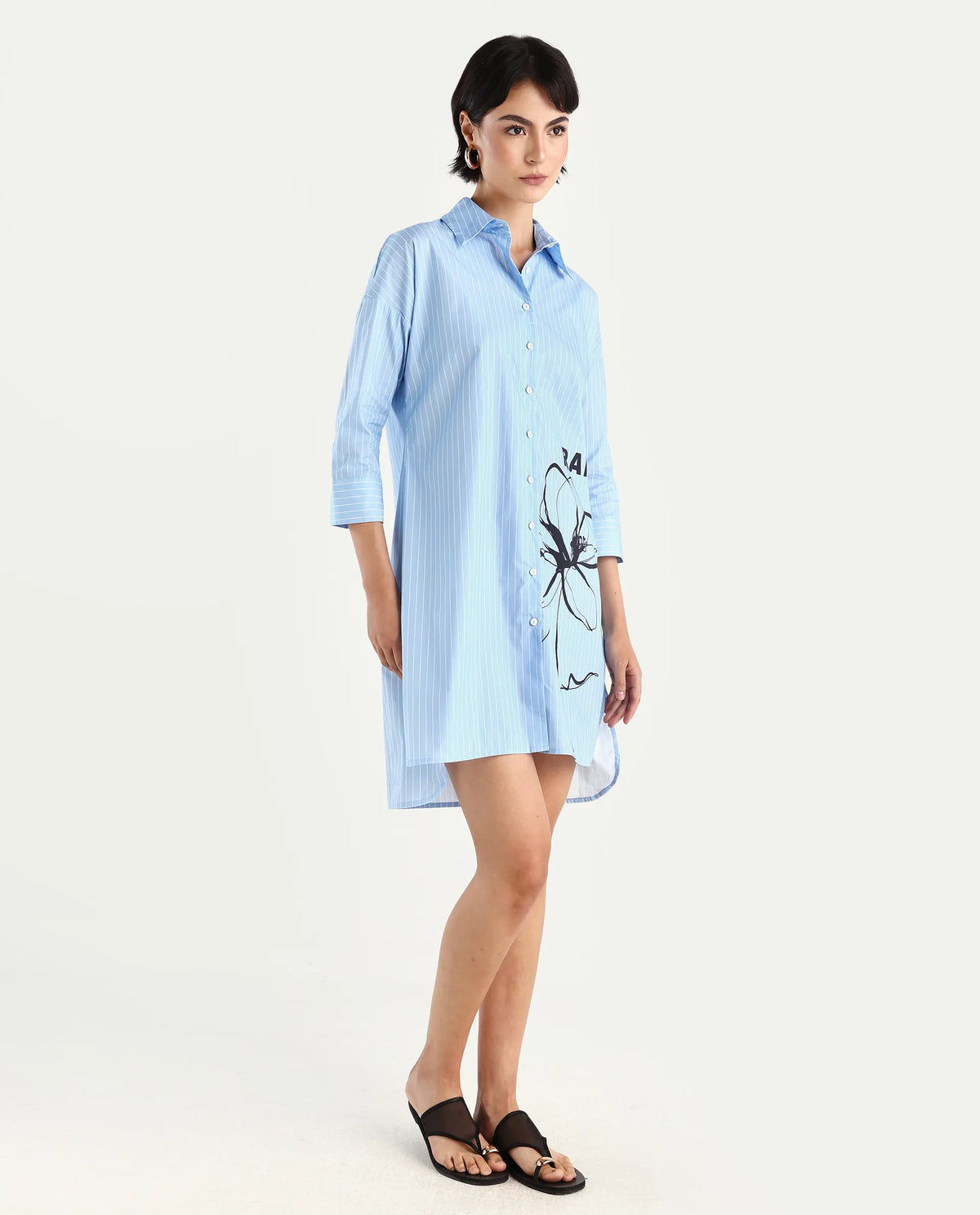 Rareism Women's Tanashi Blue Cotton Spread Collar Floral Print Cuffed Sleeve Mini Relaxed Fit Top